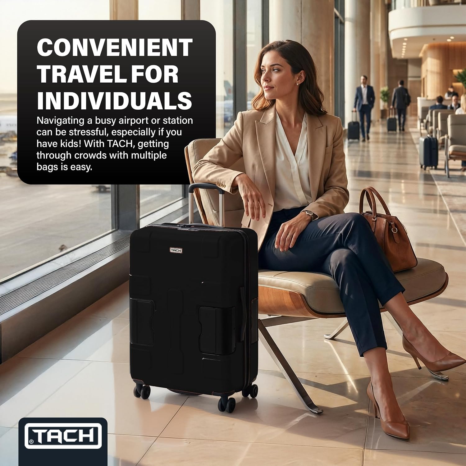 TACH Patented Connecting Hard Shell Carry-On | Roll Connected Units Right to Your Seat | Connect and Disconnect in Seconds | Rolling Suitcases - Black