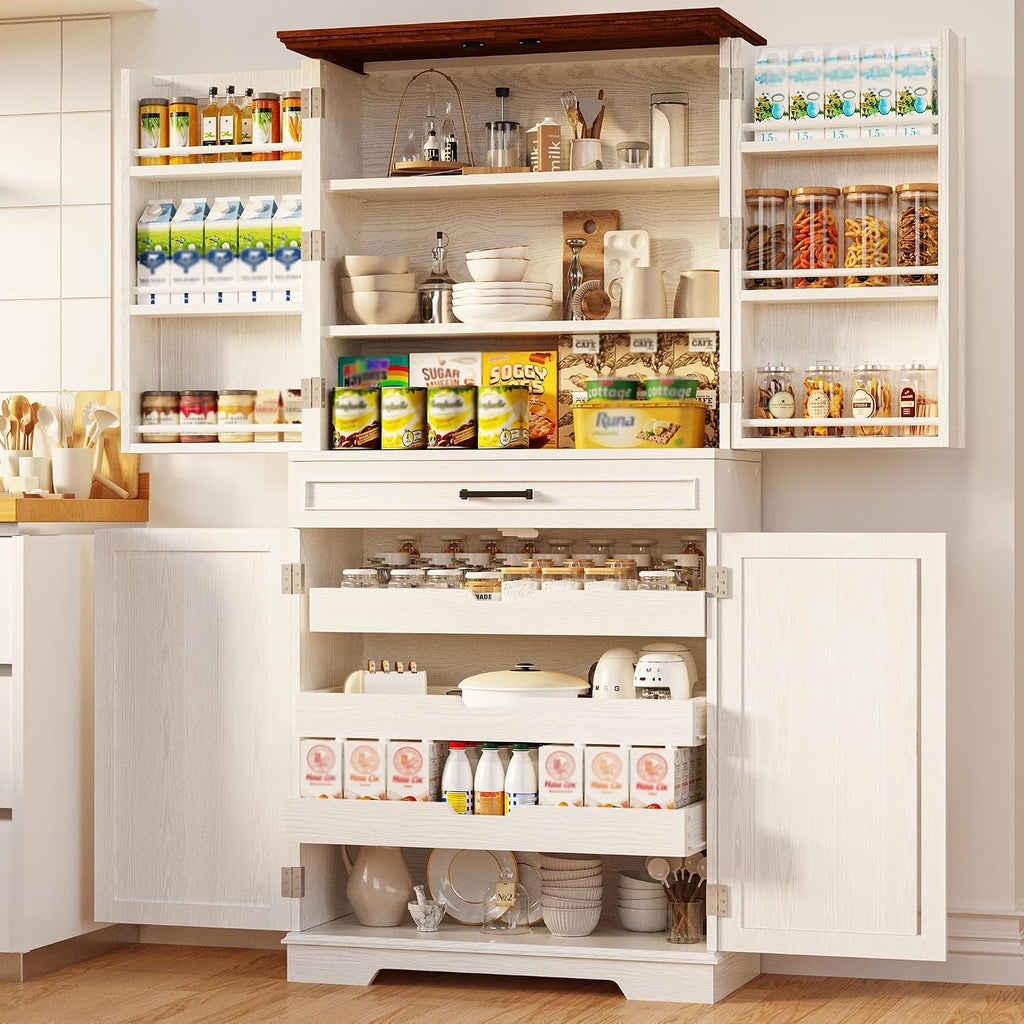 IRONCK Farmhouse Pantry Cabinet, 72' Tall Kitchen Storage Cabinet, Freestanding Cupboard with Sliding Rack & 6 Hanging Shelves,Kitchen Pantry Furniture for Dining Room, Easy Assembly, White