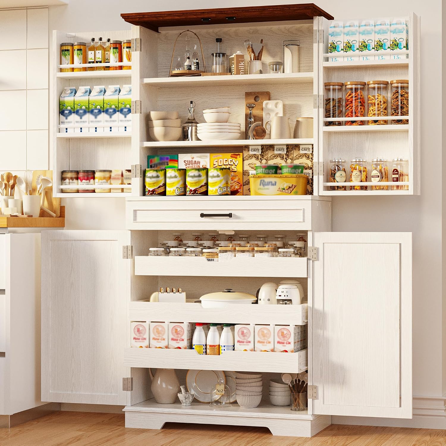 IRONCK Farmhouse Pantry Cabinet, 72' Tall Kitchen Storage Cabinet, Freestanding Cupboard with Sliding Rack & 6 Hanging Shelves,Kitchen Pantry Furniture for Dining Room, Easy Assembly, White