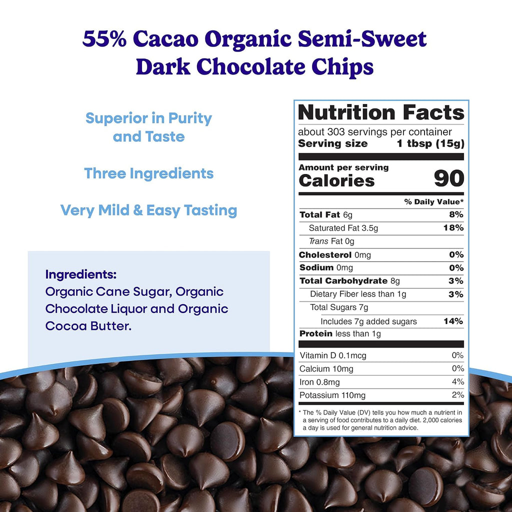 Pascha Bulk Organic Baking Semi-Sweet Chocolate Chips 55% Cacao, Allergen Free, Non-GMO, Vegan, & Fair Trade, 10 Pounds