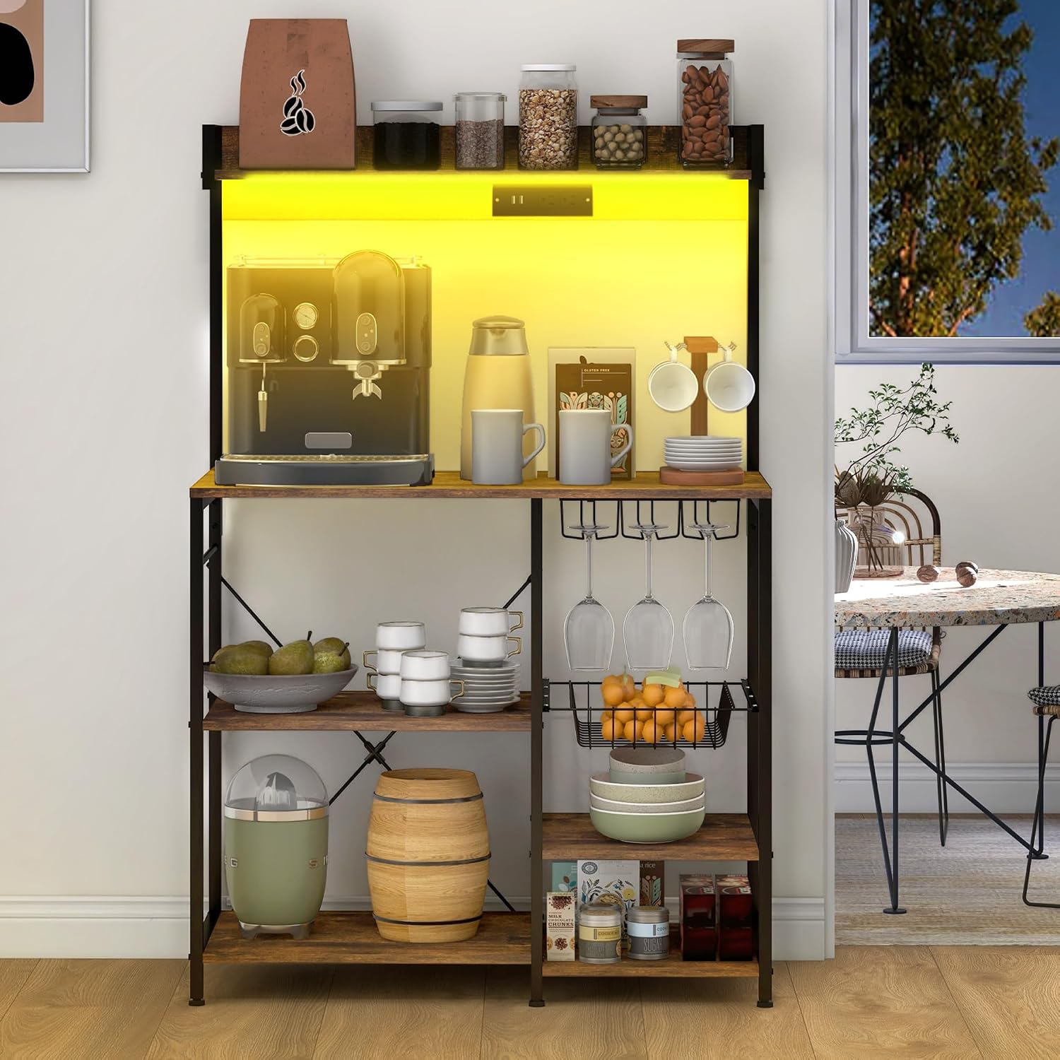 Rack with Power Outlet and LED Lights, Bakers Racks for Kitchens with Storage, Industrial Microwave Stand with Glass Holders, Metal Basket, Multiple Shelves, Rustic Brown