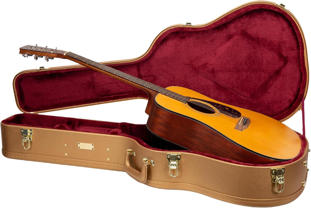 Crossrock Wooden Dreadnought Guitar Case for Martin D-28 / Taylor Grand Auditorium | Luxury Gold Faux Leather, Burgundy Velvet Interior, Lock – Designer Series(CRW520D28LG)