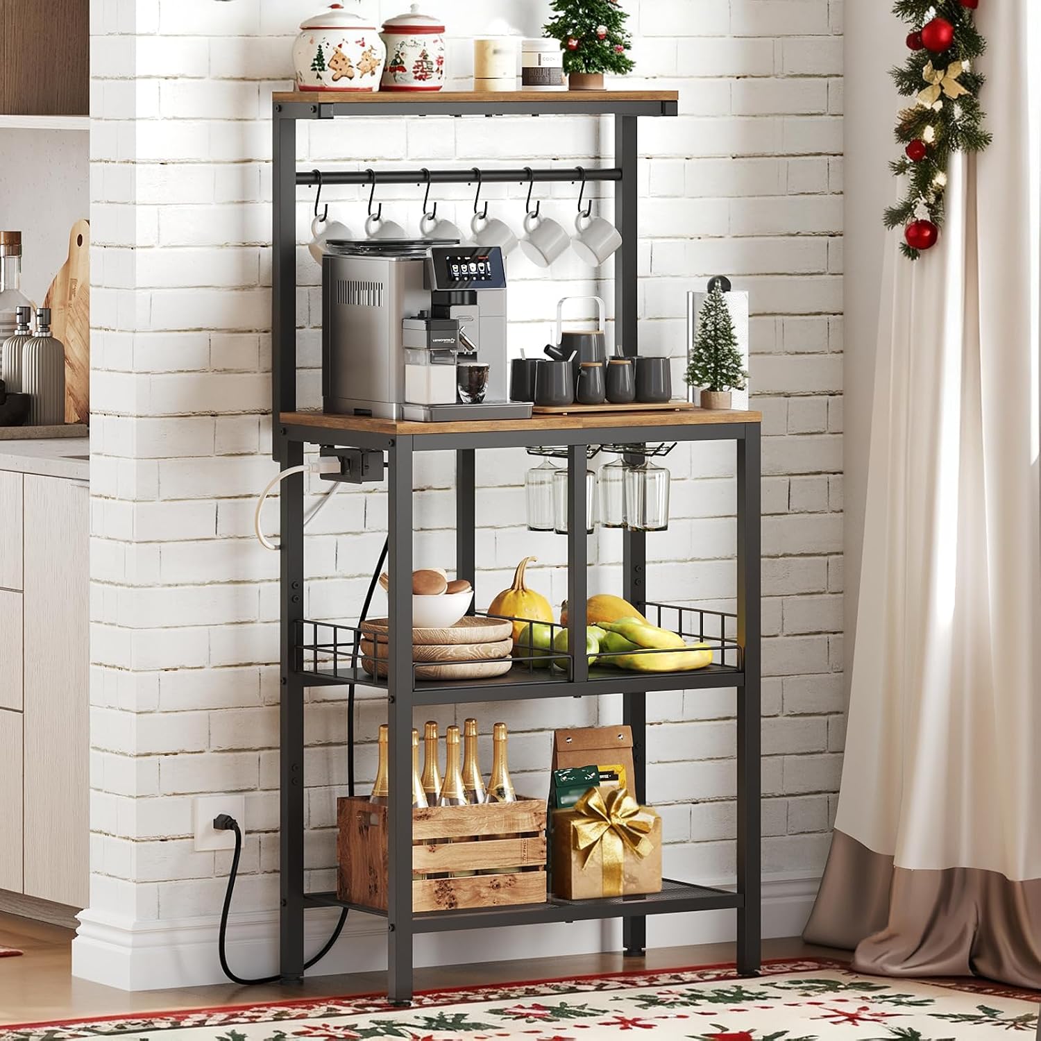 YATINEY Bakers Rack with Power Outlet, Microwave Stand with Paper Holder, Bakers Rack with Storage, HB02UBR-KF60BRY1