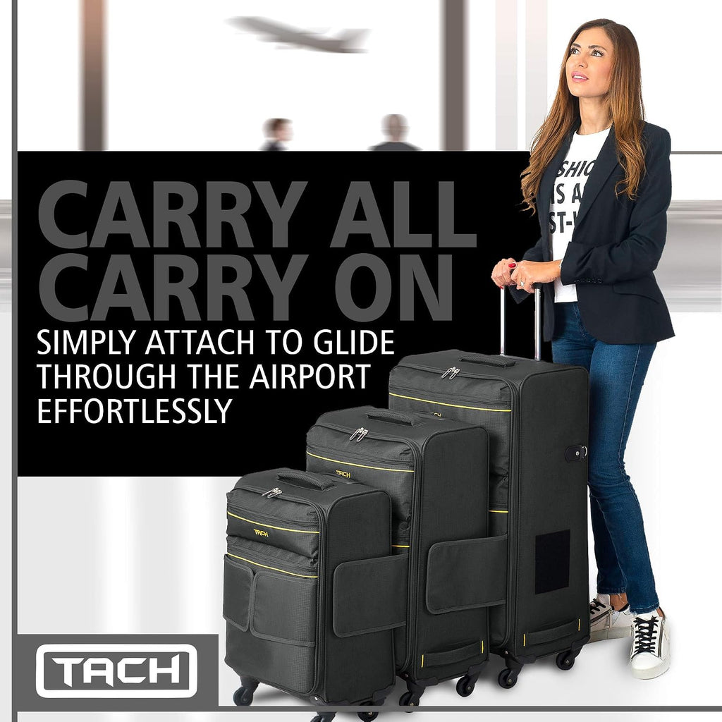 Tach LITE Soft Connectable Carry On Luggage 22x14x9 | Carry on Luggage with Spinner Wheels & Patented Built-In Connecting System | One Piece Rolling Suitcase Links 6 Bags At Once (Black)