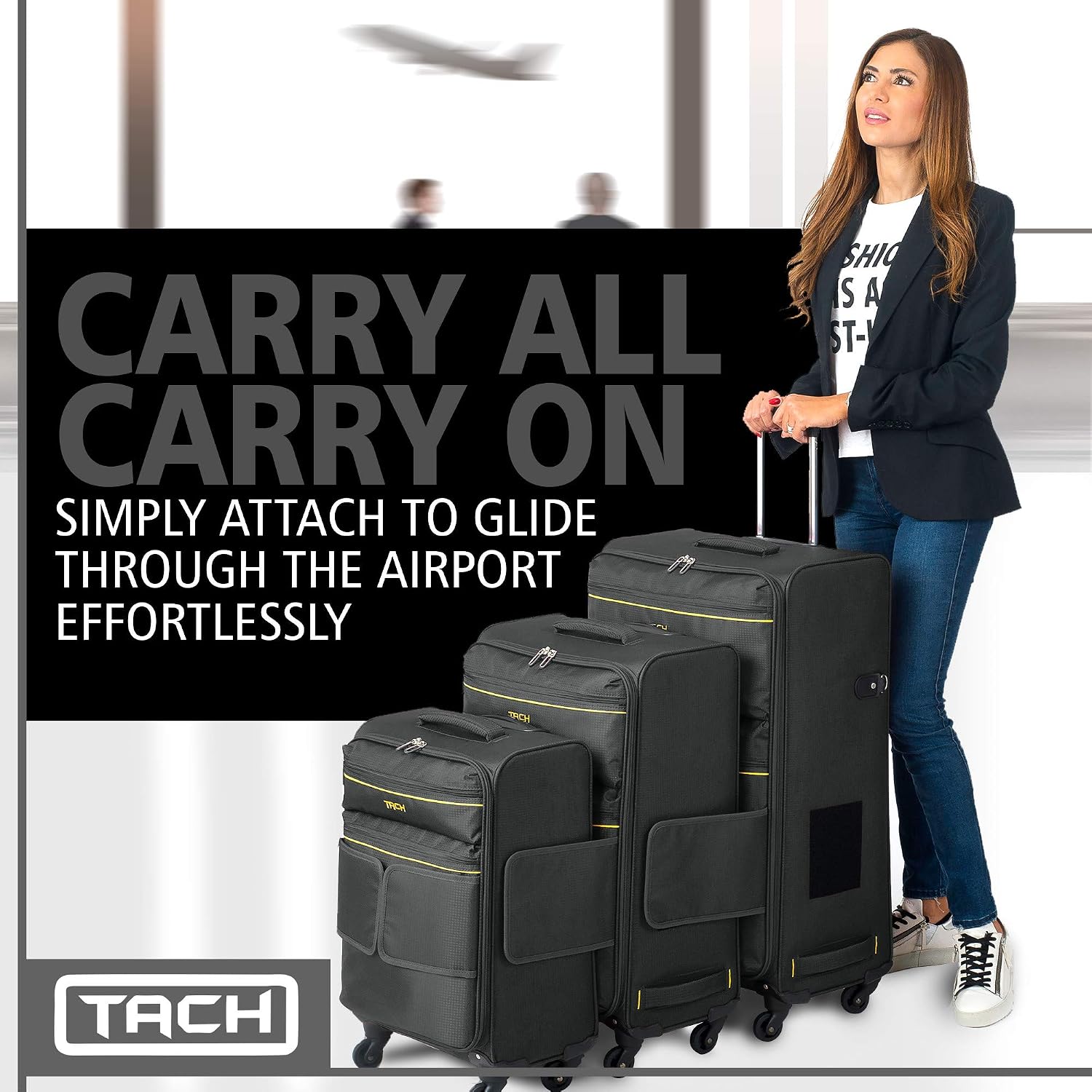 Tach LITE Soft Connectable Carry On Luggage 22x14x9 | Carry on Luggage with Spinner Wheels & Patented Built-In Connecting System | One Piece Rolling Suitcase Links 6 Bags At Once (Black)