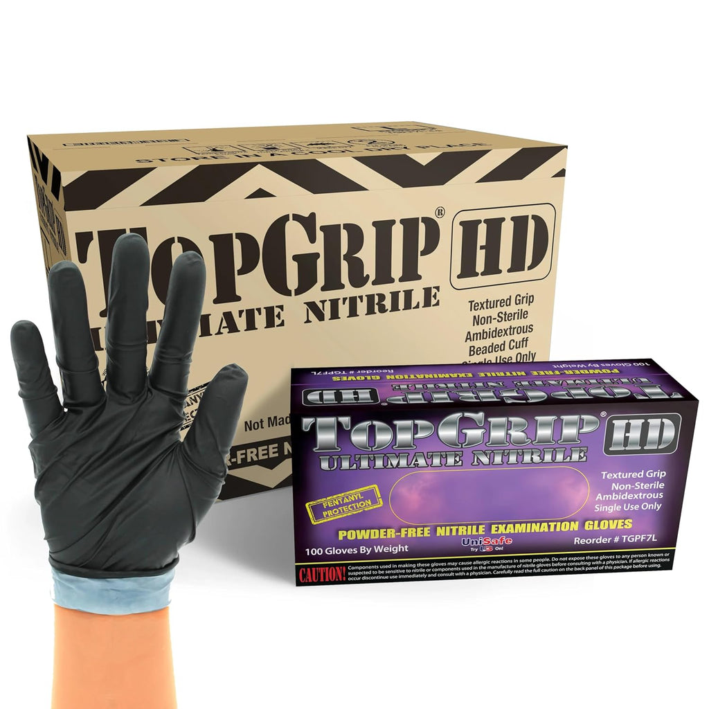 TopGrip 7 Mil Heavy-Duty Two-Layer Black Nitrile Disposable Exam Gloves, Textured Grip, Powder-Free, Chemical-Resistant (Case/1000, Small)