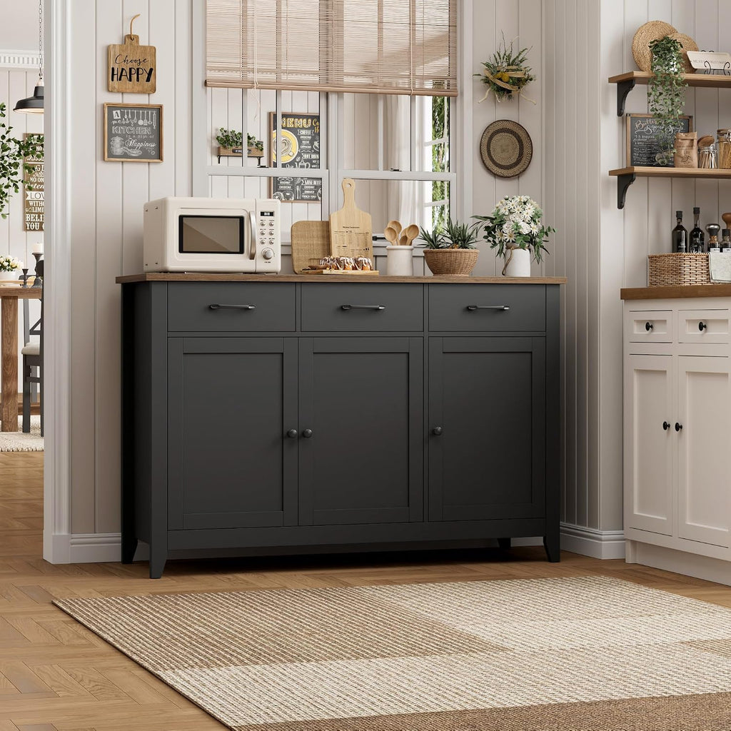 HORSTORS 47' Buffet Cabinet with Storage, Kitchen Buffet Table with Drawers, Modern Farmhouse Coffee Bar Storage Cabinet with Adjustable Shelf, Wood Sideboard for Dining Room, Kitchen, Entryway, Black