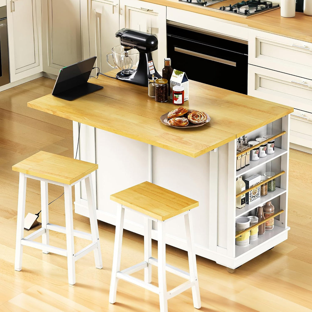 48 inch Rolling Kitchen Island Storage Cart on 5 Wheels with Drop Leaf, 2 Bar Stools, Power Outlet, Door Internal Storage Rack, 5 Open Side Racks, 2 Drawers for Dining Room, Home Bar White