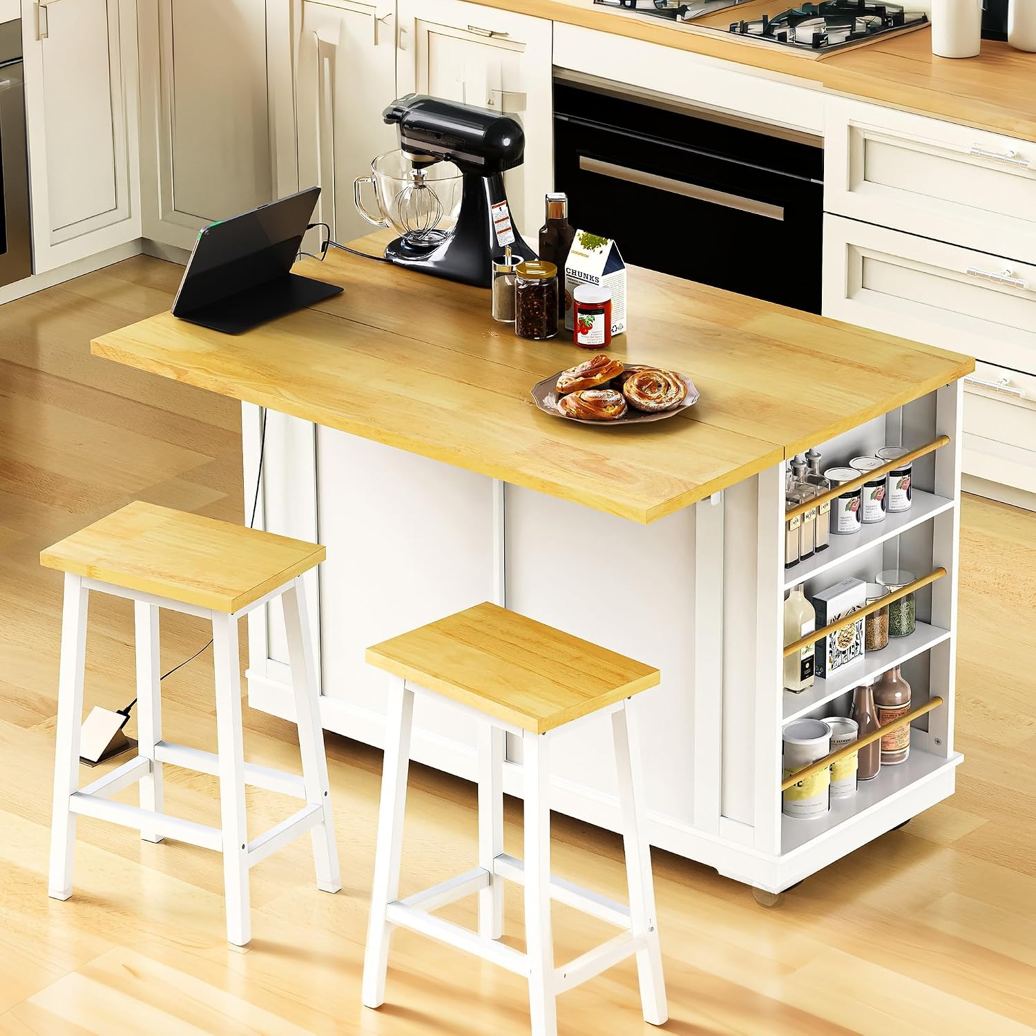 48 inch Rolling Kitchen Island Storage Cart on 5 Wheels with Drop Leaf, 2 Bar Stools, Power Outlet, Door Internal Storage Rack, 5 Open Side Racks, 2 Drawers for Dining Room, Home Bar White