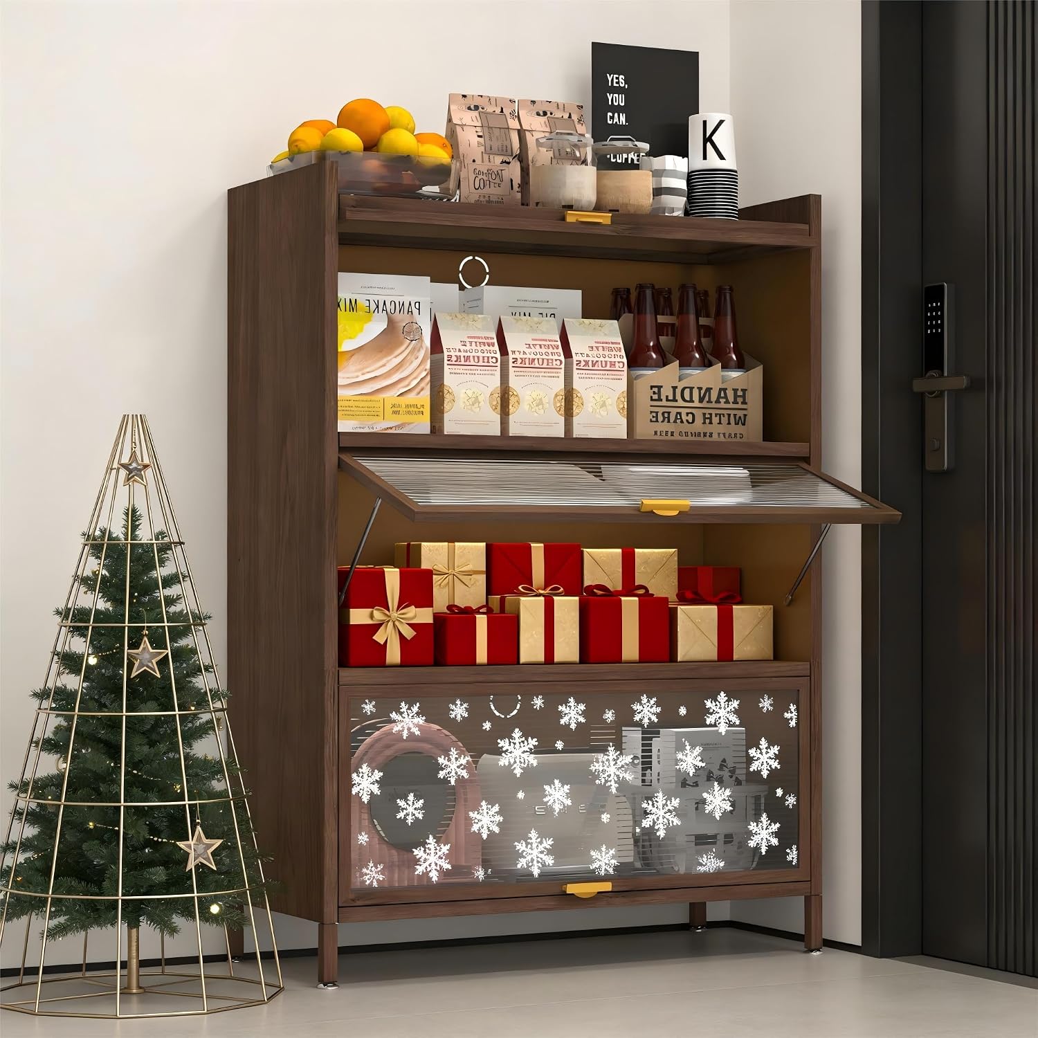 4-Tier Kitchen Pantry Cabinet with Microwave Shelf & Flip-Up Doors - Modern Freestanding Storage Cupboard with Adjustable Shelves & Fluted Glass Doors, Brown Buffet for Kitchen/Dining/Living Room