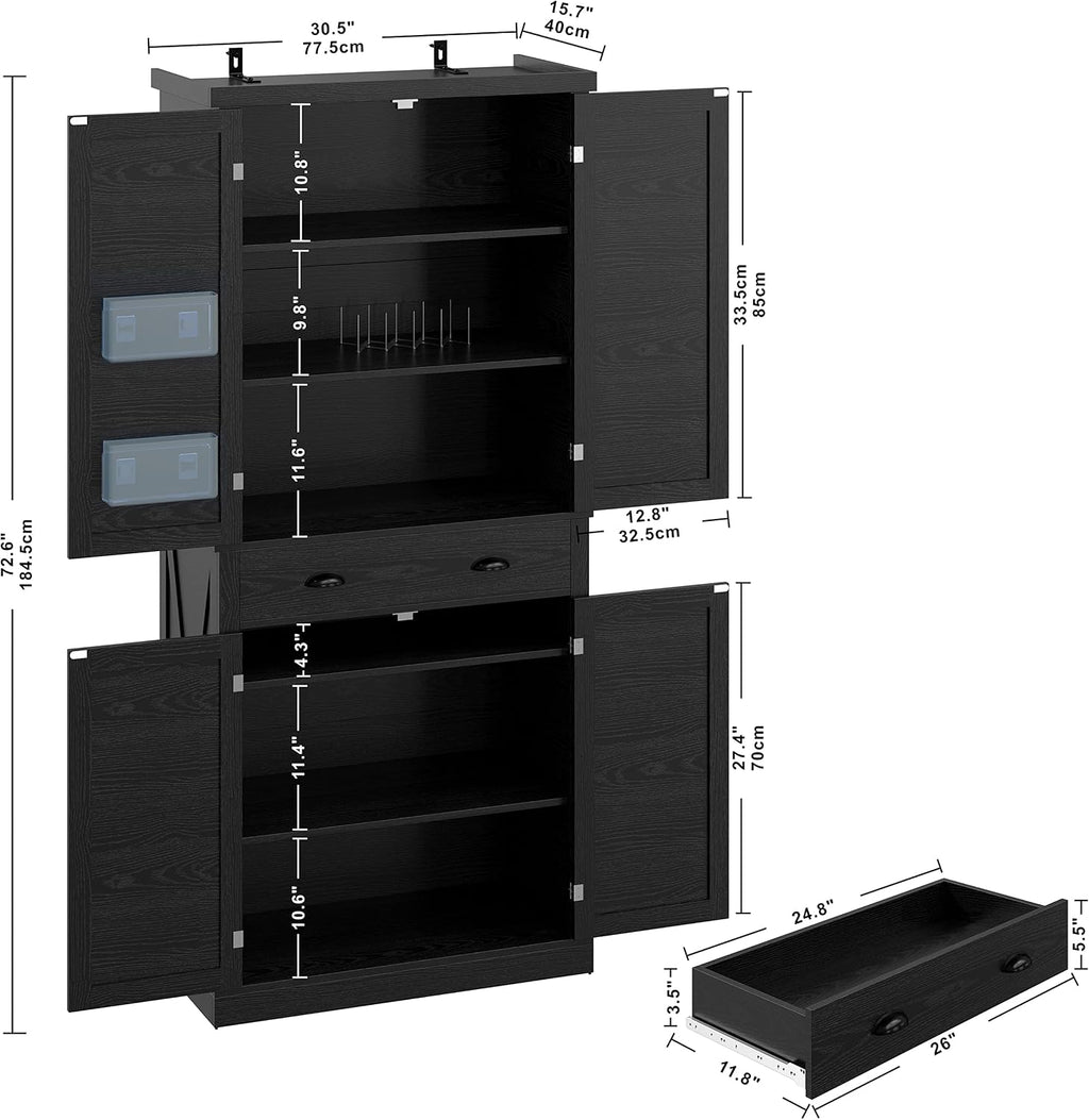 IRONCK Kitchen Pantry Storage Cabinet 72.6' H, with Barn Doors, Drawer, 4 Adjustable Shelves, Freestanding Cupboard for Dining Room Living Room, Laundry, Black