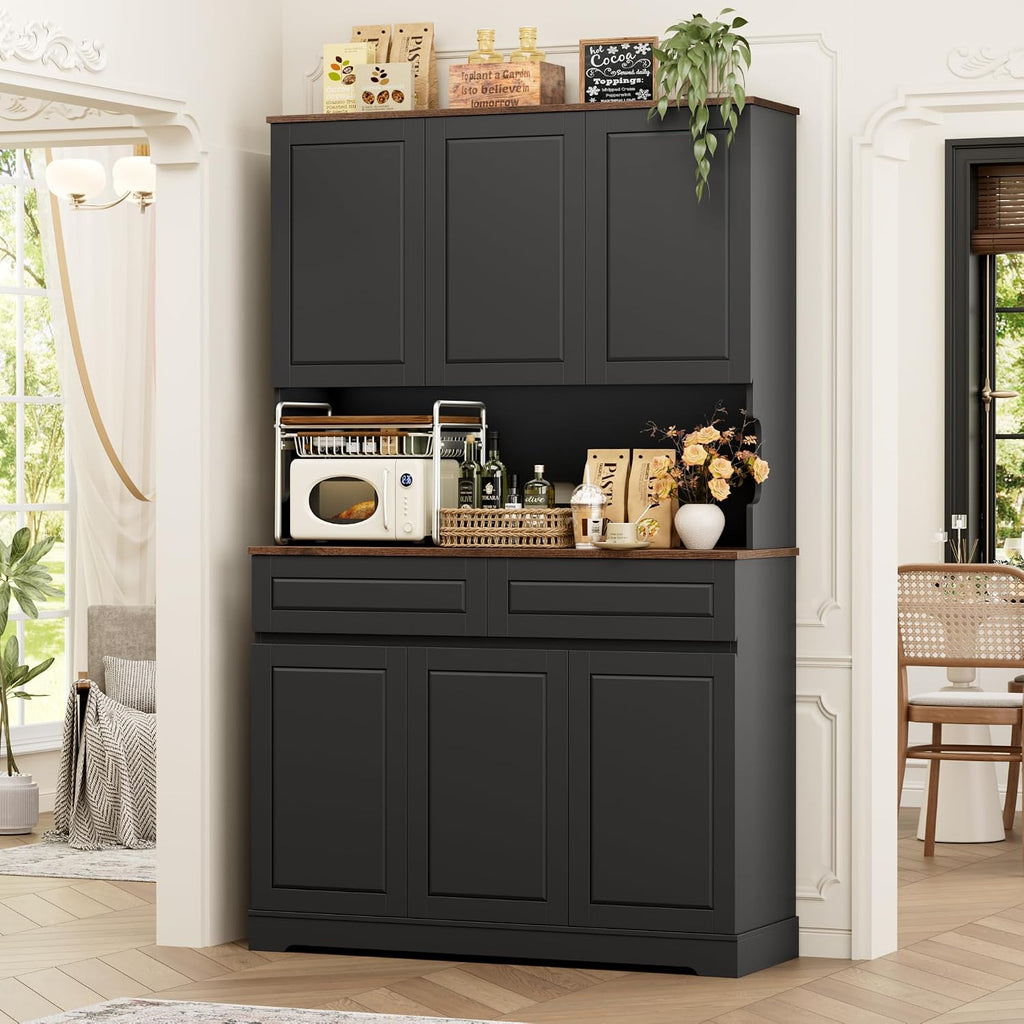 FACBOTALL 74' Pantry Cabinet, Tall Kitchen Pantry Cabinet with 6 Doors and 2 Drawers, Kitchen Hutch with Wide Countertop, Modern Kitchens Cupboard with Adjustable Shelves and Charge Holes, Black