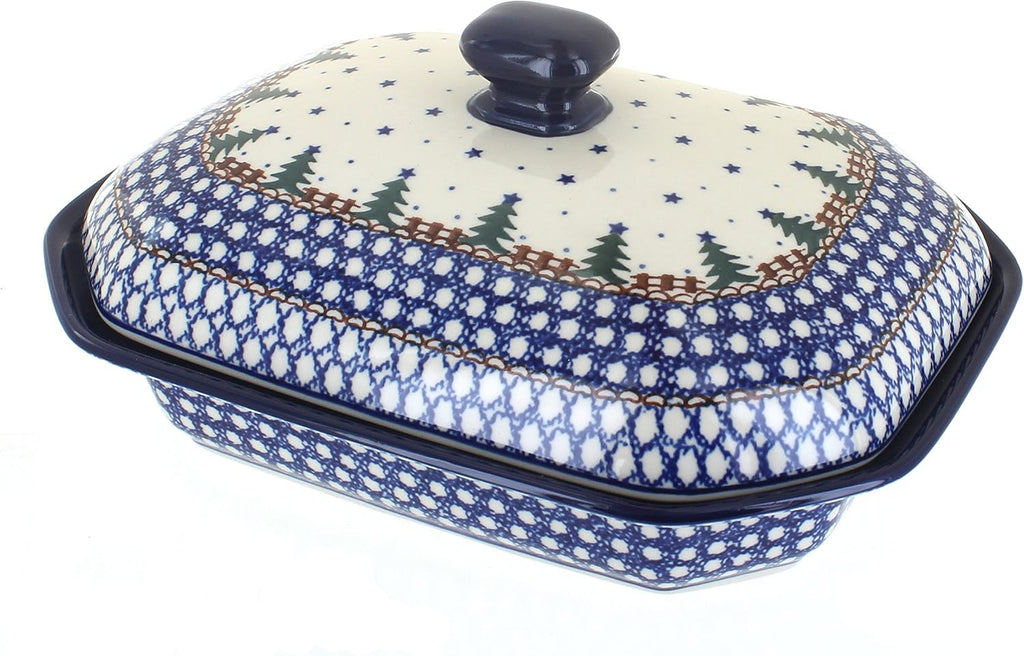 Blue Rose Polish Pottery - Blue Rustic Pines Medium Covered Baker - 3 Cup Capcaity - Unique, Dishwasher Safe, & Durable Bakeware