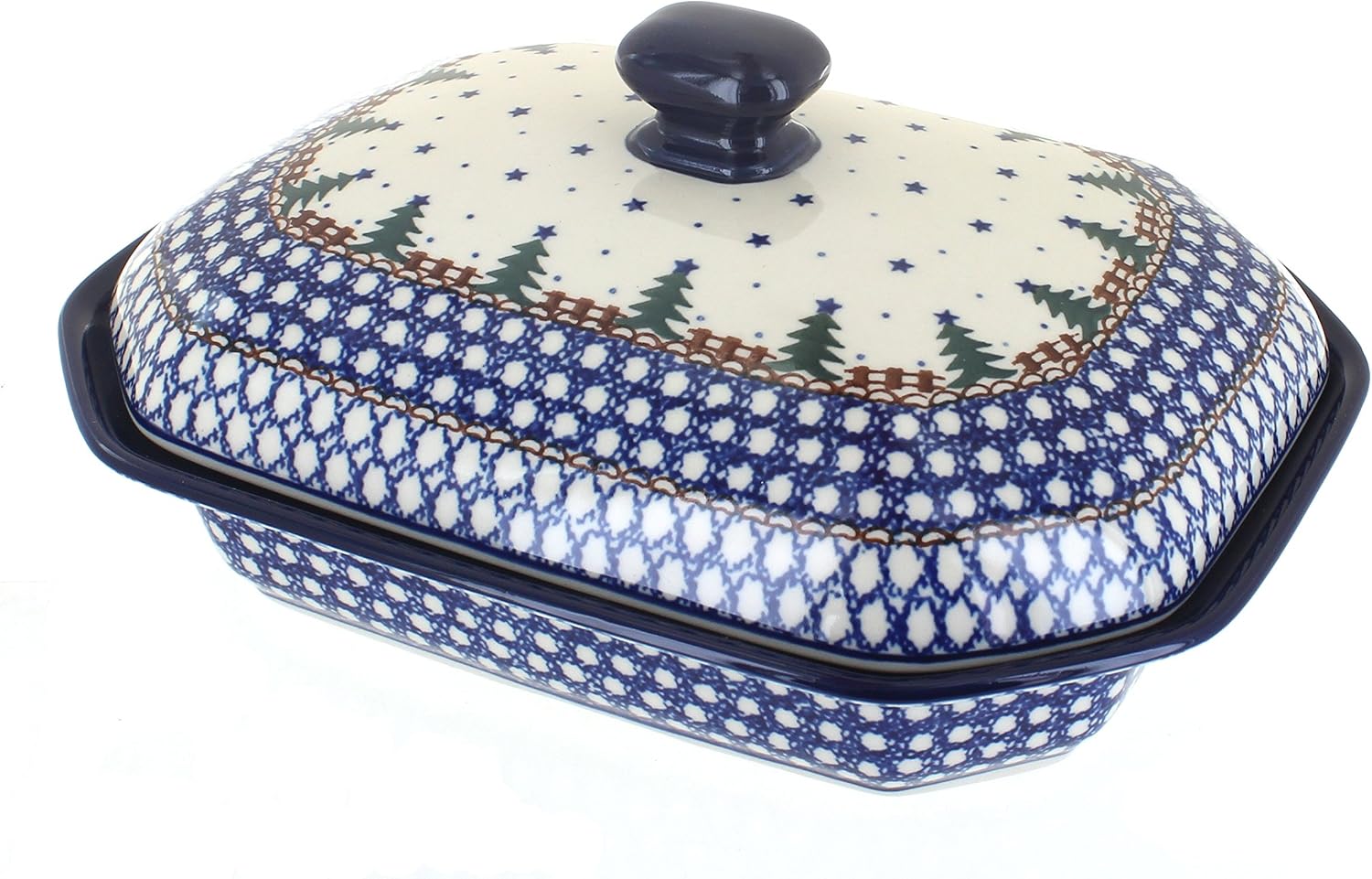 Blue Rose Polish Pottery - Blue Rustic Pines Medium Covered Baker - 3 Cup Capcaity - Unique, Dishwasher Safe, & Durable Bakeware