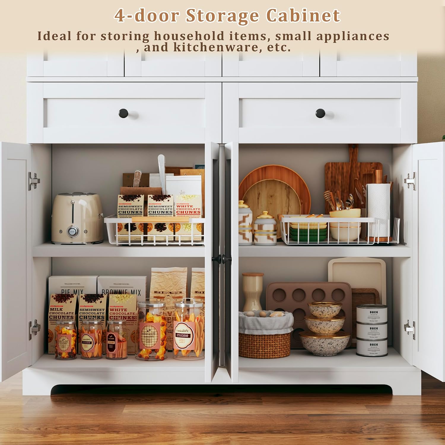 HUAHUU 71' Kitchen Pantry Cabinet with 6 Door Shelves, Tall Pantry Storage Cabinet with 8 Doors & 4 Adjustable Shelves, Modern Kitchen Pantry with 2 Large Drawers for Dining Room, Living Room, White