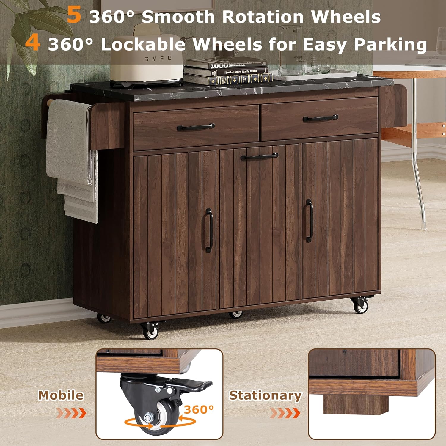 Farmhouse Kitchen Island with Trash Can Storage Cabinet, Kitchen Cart with Drop Leaf, Spice Rack, Towel Rack and Drawer, Rolling Kitchen Island on Wheels with Adjustable Shelf (Walnut Brown1)