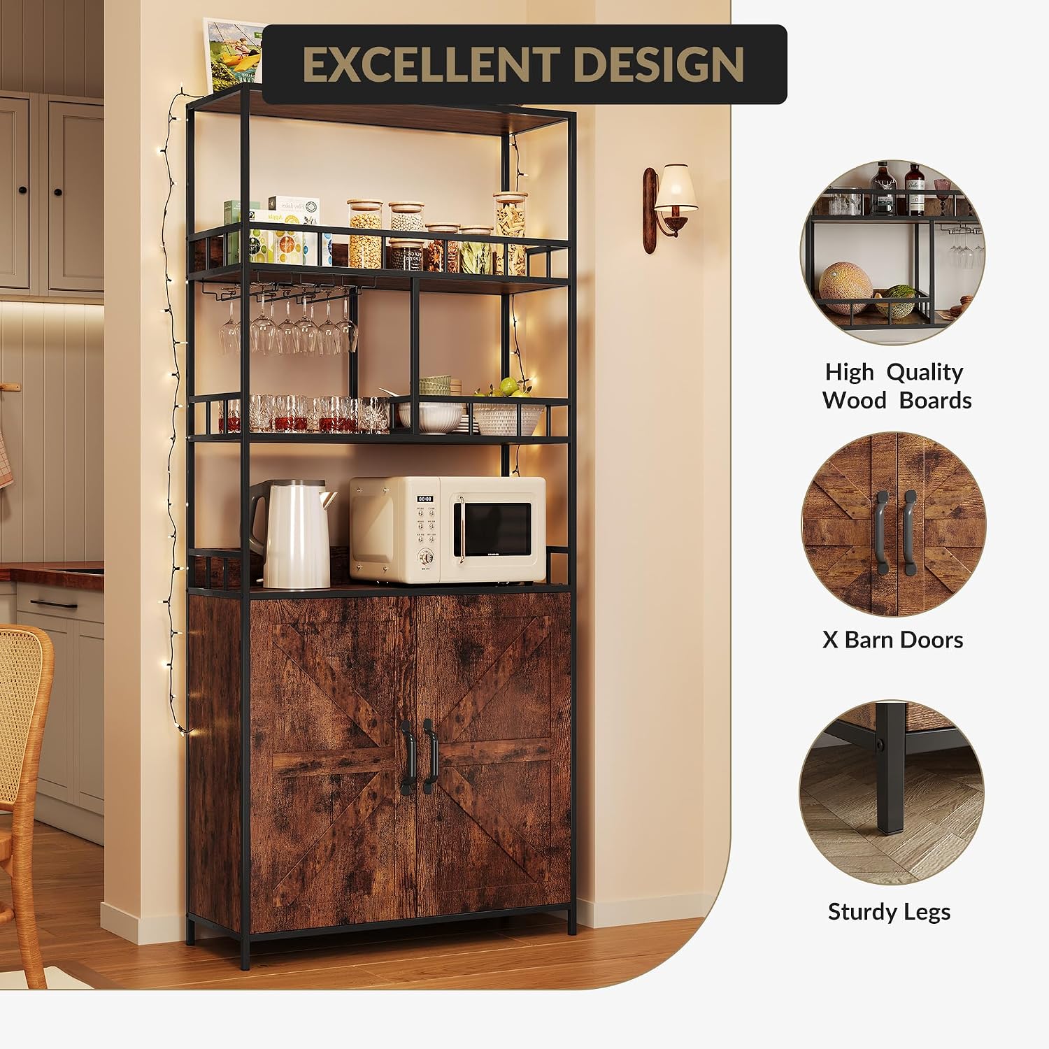 70.8' Tall Bar Cabinet, 5 Tier Storage Cabinet, with Wine Rack & Bakers RackKitchen Pantry Microwave Stand, Freestanding Liquor Cabinet & Coffee Bar Hutch for Dining Room, Living Room