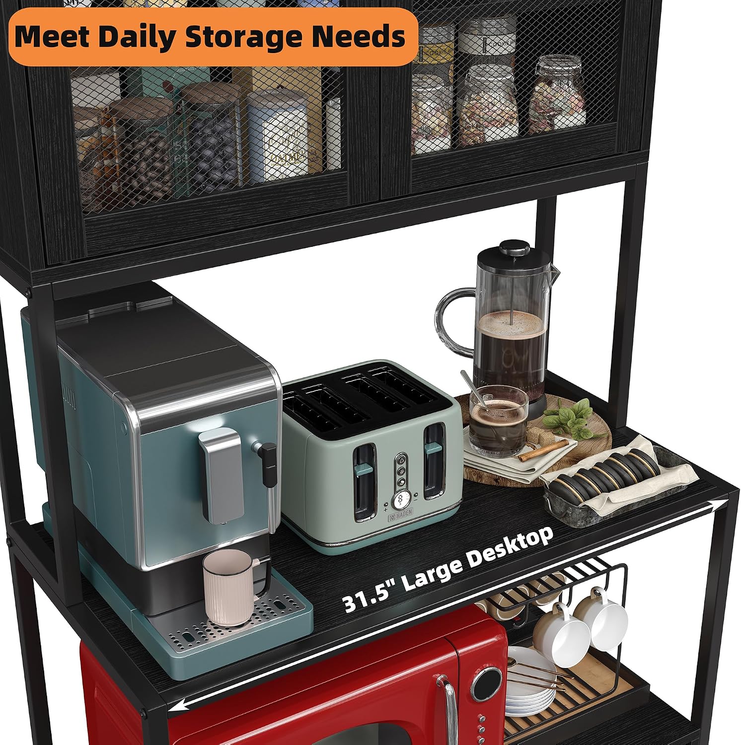 Furniouse 6-Tier Kitchen Bakers Rack with Power Outlet, Industrial Microwave Oven Stand with Shelves, Kitchen Utility Storage Shelf with Cabinet, Standing Storage Rack (Black)