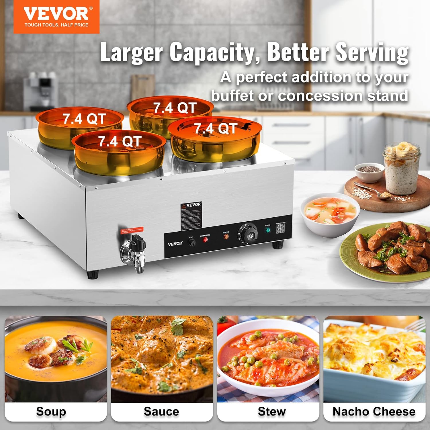 ETL Listed VEVOR Electric Soup Warmer, Four 7.4QT Stainless Steel Round Pot 86~185°F Adjustable Temp, 1500W Commercial Bain Marie with Anti-Dry Burn, Soup Station for Restaurant, Buffet, Silver