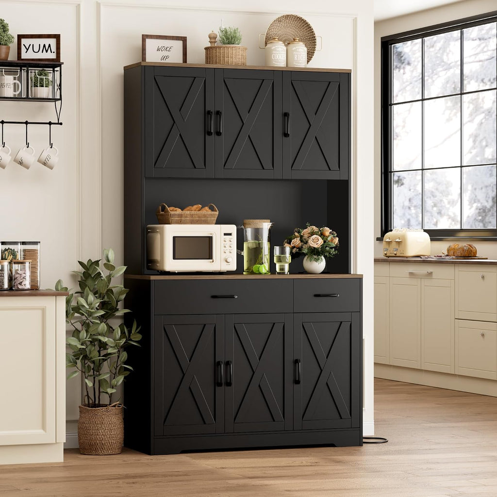 HOSTACK 71' Pantry Cabinet with Charging Station, Tall Kitchen Pantry Storage Cabinet with Microwave Stand, Farmhouse Kitchen Hutch with Storage Drawers for Living Room, Dining Room, Black
