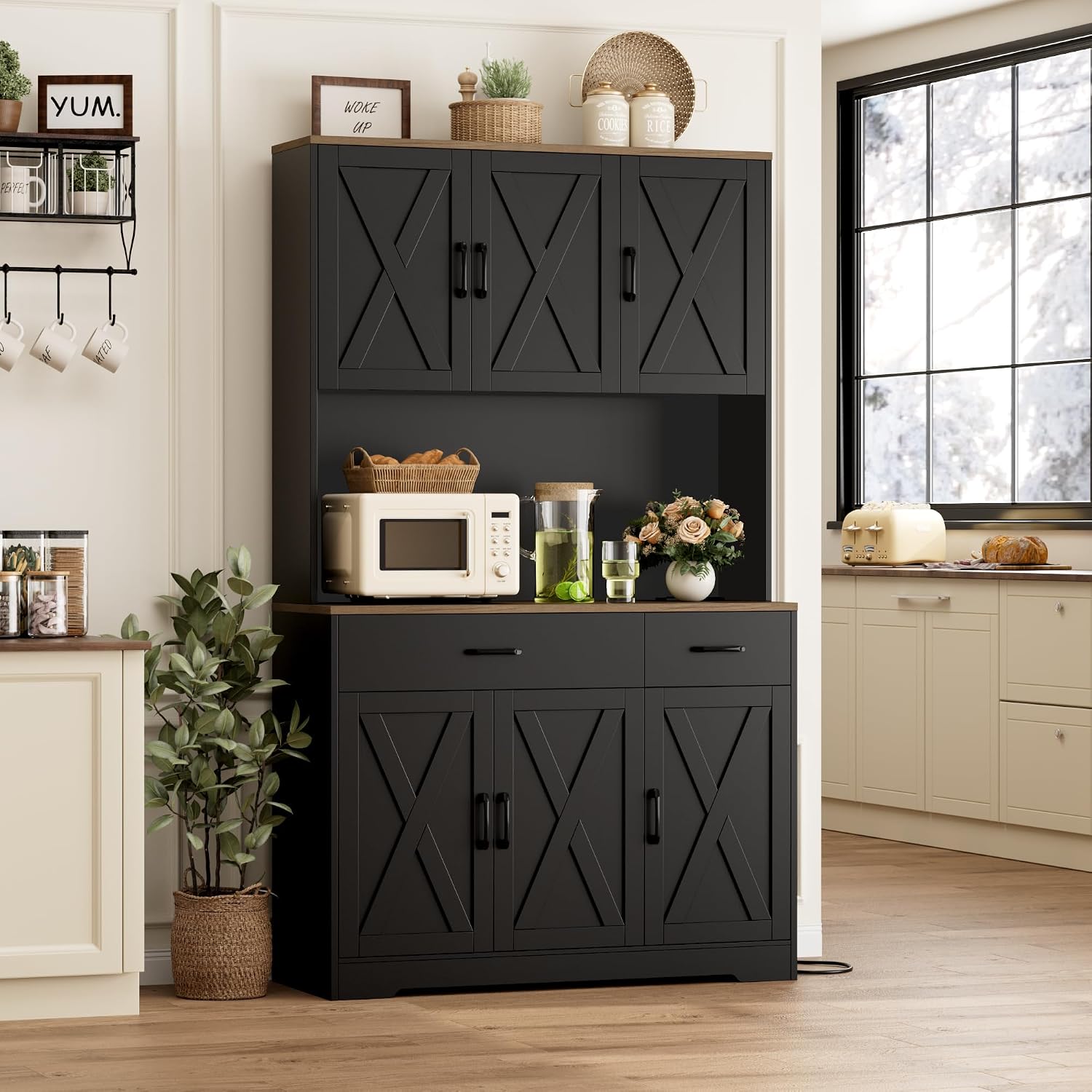 HOSTACK 71' Pantry Cabinet with Charging Station, Tall Kitchen Pantry Storage Cabinet with Microwave Stand, Farmhouse Kitchen Hutch with Storage Drawers for Living Room, Dining Room, Black