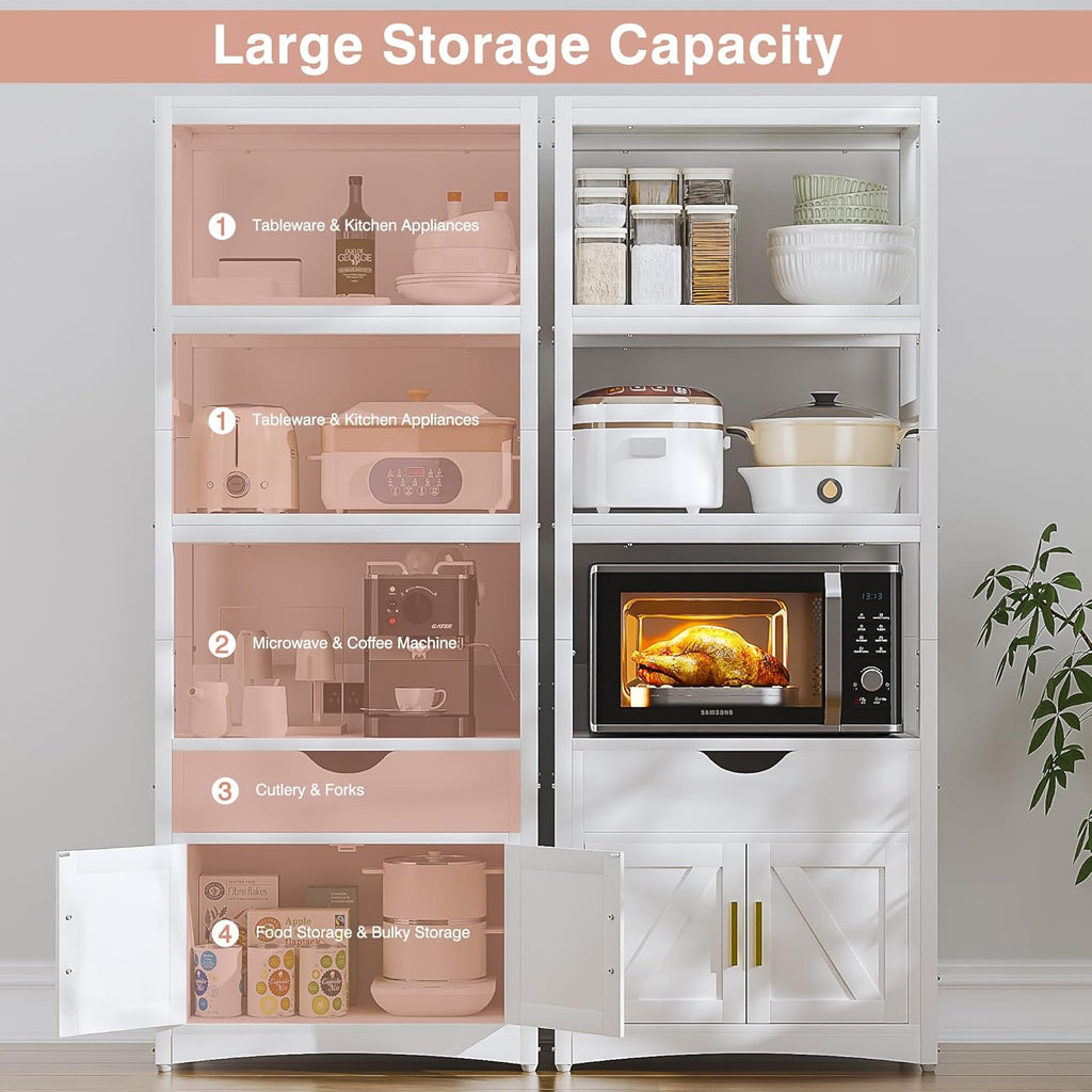 VECELO 3-Tier Microwave Stand with Power Outlet & USB Ports, 15.5' Deep Kitchen Pantry Cabinet, Fits 1.0 Cu.Ft Microwave, Farmhouse Coffee Bar Storage for Kitchen, Bright White