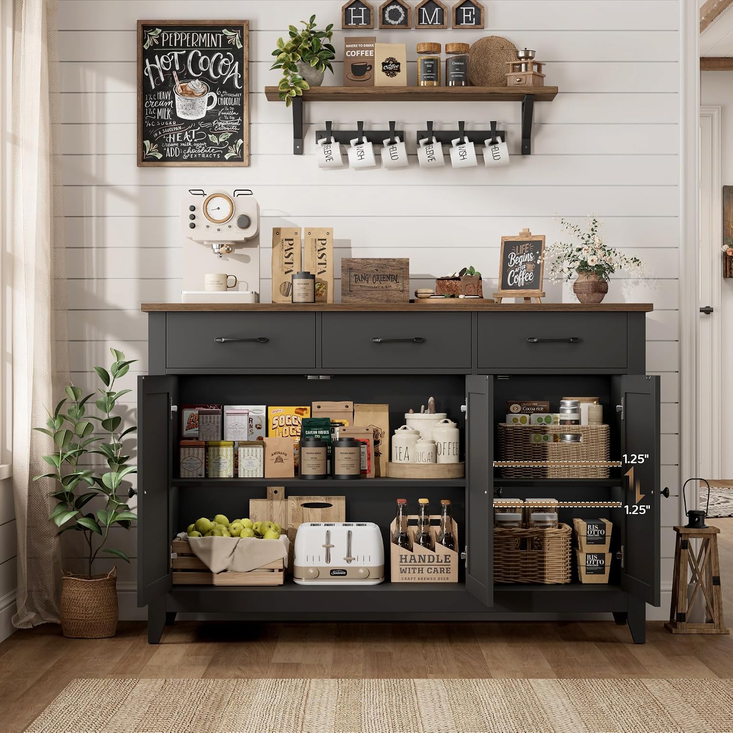 HORSTORS 47' Buffet Cabinet with Storage, Kitchen Buffet Table with Drawers, Modern Farmhouse Coffee Bar Storage Cabinet with Adjustable Shelf, Wood Sideboard for Dining Room, Kitchen, Entryway, Black
