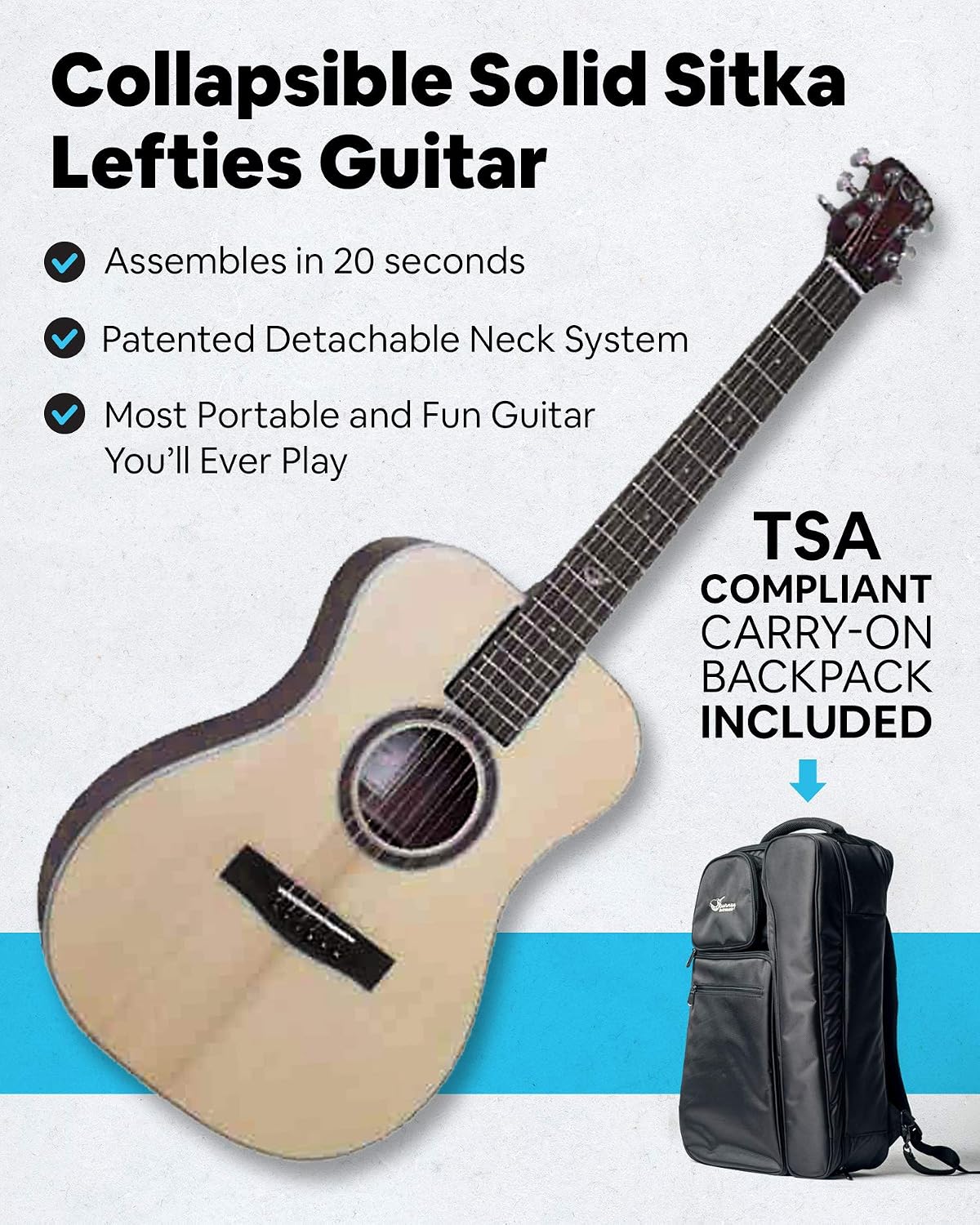 Lefty Solid Sitka Travel Guitar – OF422L Left-Handed Traveling Acoustic-Electric Collapsible Steel String Guitar – Portable Backpack Case (Overhead)