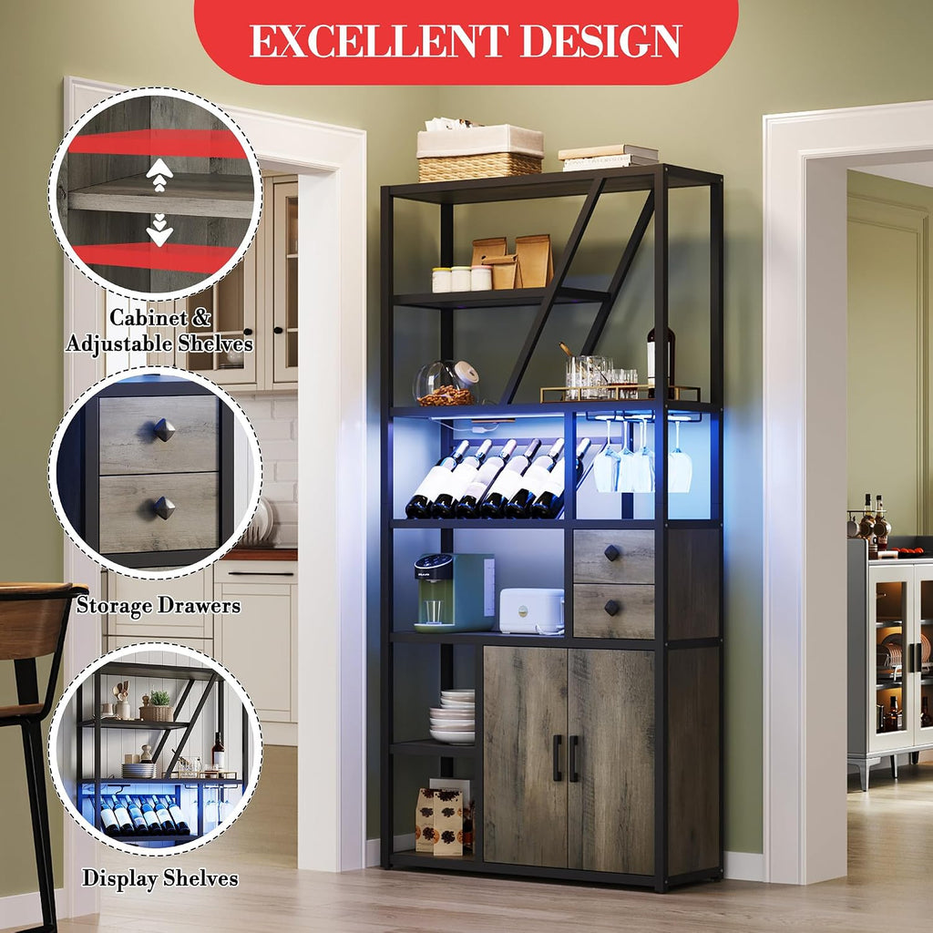 Wine Bar Cabinet with LED Lights, Tall Coffee Bar Station with Power Outlets, Wine Rack, Kitchen Microwave Stand Bakers Rack Cabinet for Living Room - Power Outlets Convenience
