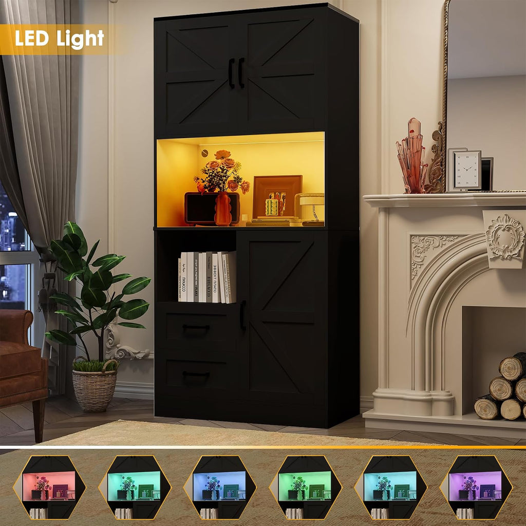 Kitchen Pantry Storage Cabinet with LED Lights and Power Strip, Tall Farmhouse Kitchen Pantry with Barn Doors and Drawers, Adjustable Shelves for Dining Living Room (Black)