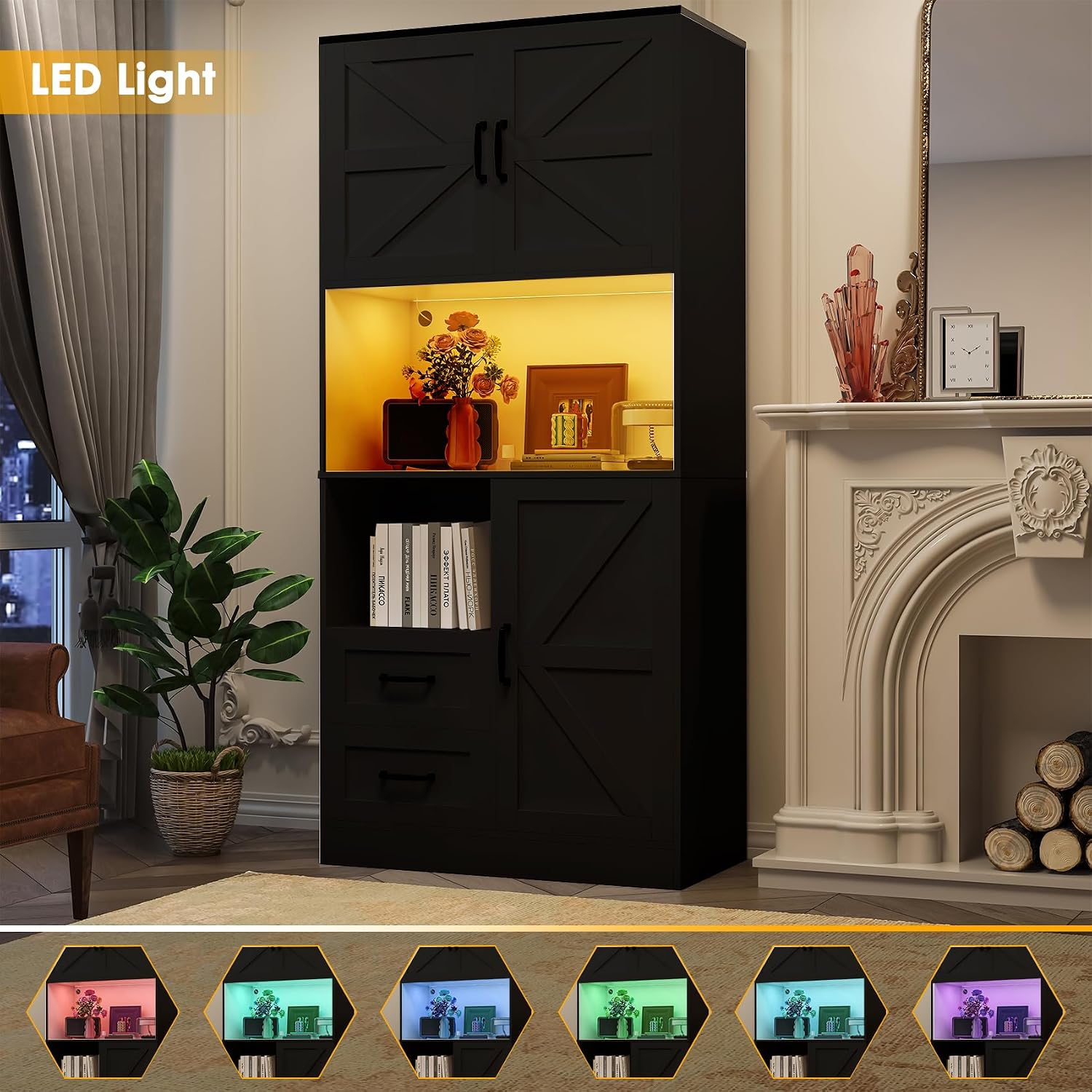 Kitchen Pantry Storage Cabinet with LED Lights and Power Strip, Tall Farmhouse Kitchen Pantry with Barn Doors and Drawers, Adjustable Shelves for Dining Living Room (Black)