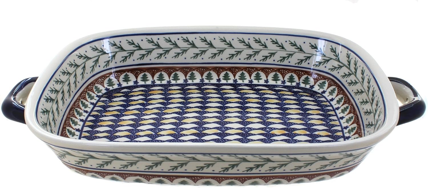 Blue Rose Polish Pottery - Green Evergreen Large Baker with Handles - 14.5' x 10.75' - Unique, Dishwasher Safe, & Durable Bakeware
