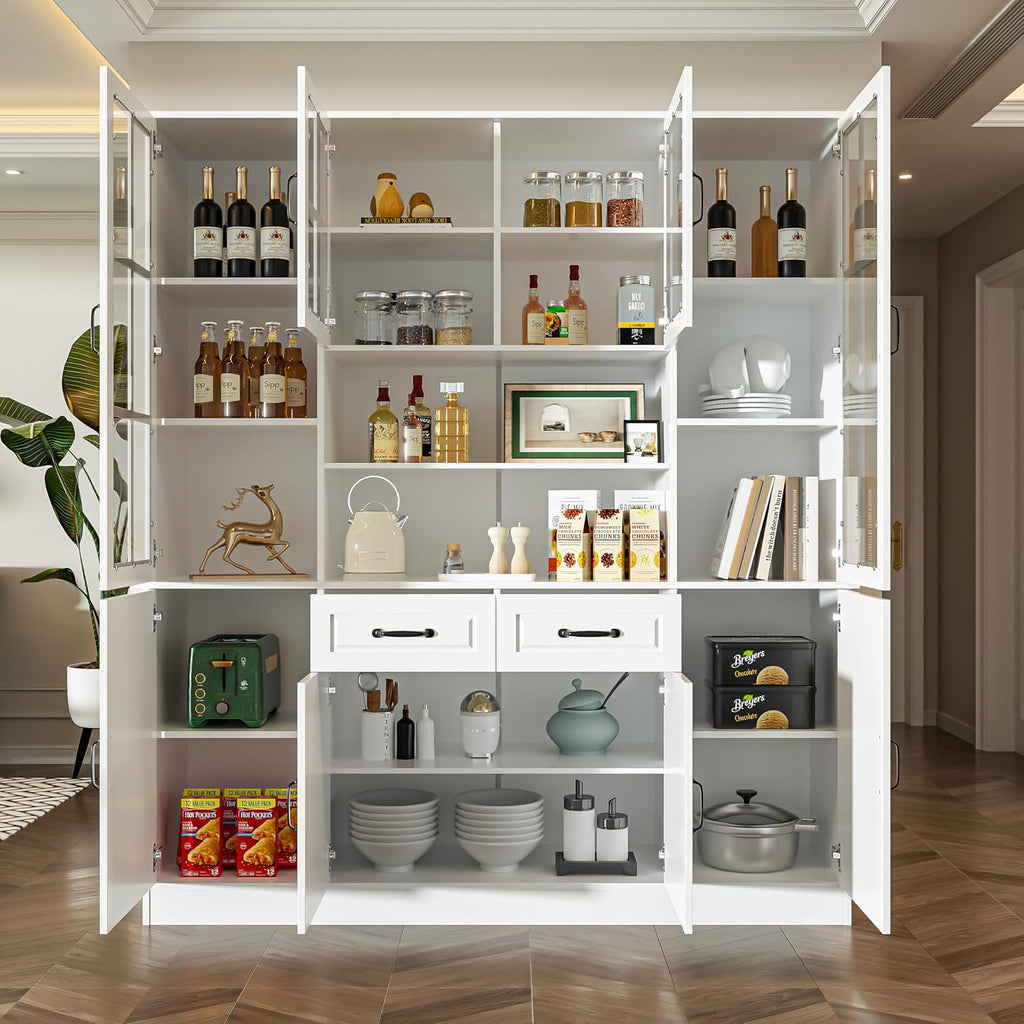 MU Kitchen Storage Cabinet with Glass Doors, Large China Hutch with 2 Drawers & 5 Adjustable Shelves, Kitchen Pantry Hutch for Home Office, Living Room, White (15.8' D x 63' W x 70.9H)