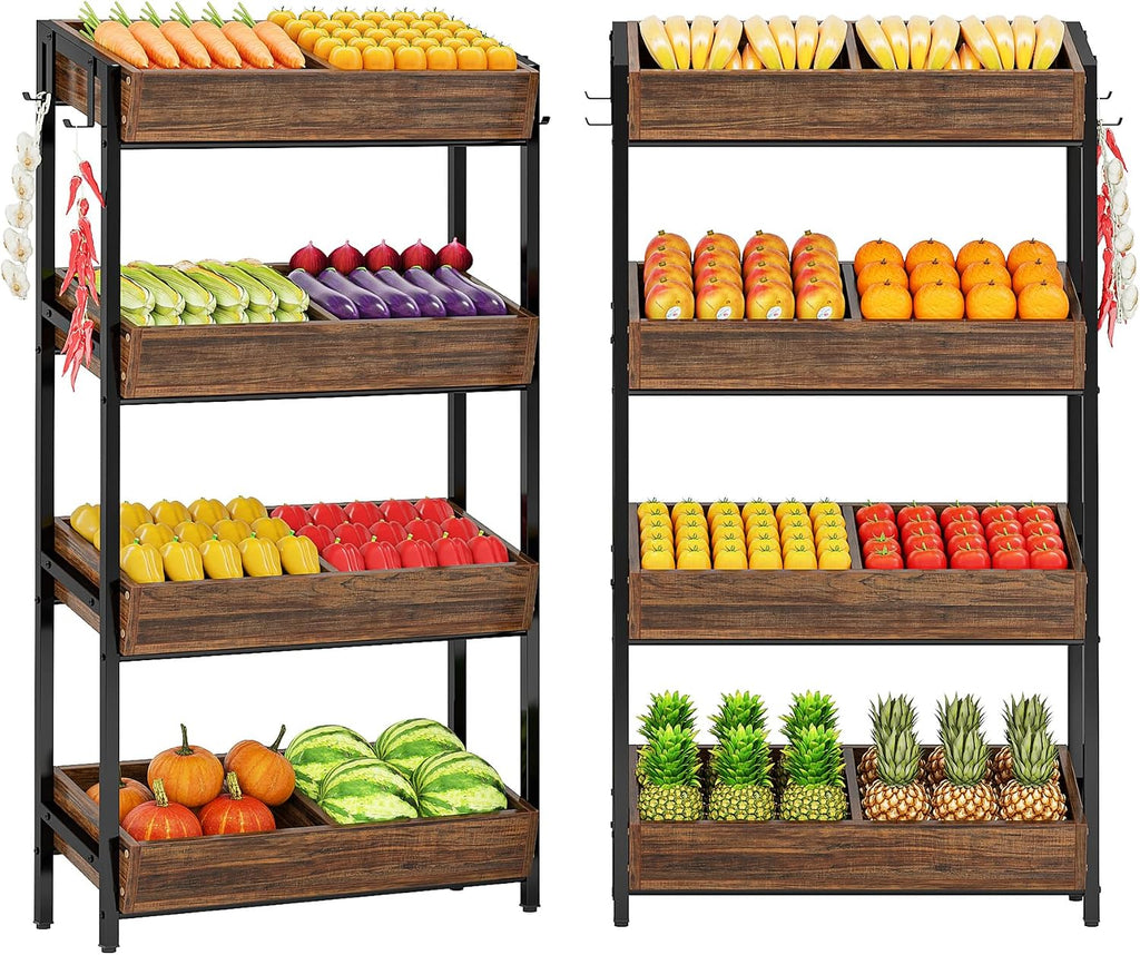 LITTLE TREE 4-Tier Wood Fruit Vegetable Storage Basket Stand Set of 2, Versatile Utility Shelf Rack for Kitchen, Office, Store, Supremarket, Vintage Brown
