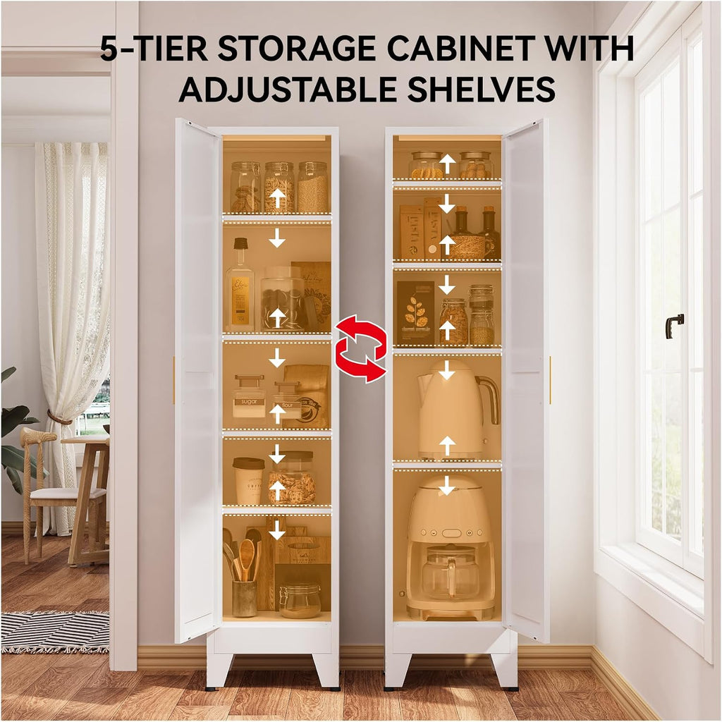 67' Tall Storage Cabinet with Reversible Doors and Adjustable Shelves,Metal Slim Freestanding Cabinet for Bathroom Kitchen Garage Small Spaces,White1 Pack