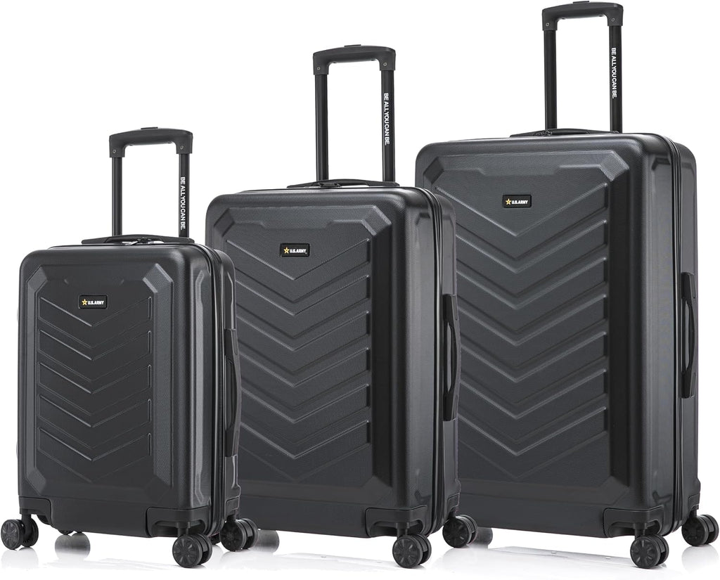 US ARMY FOX 3 Pcs Set Hardshell Luggage with Spinner Wheels | 20, 24, 28 inch Lightweight Travel Suitcase, Chevron Icon, Gel Handle, Retractable Trolley, Side Studs | Black