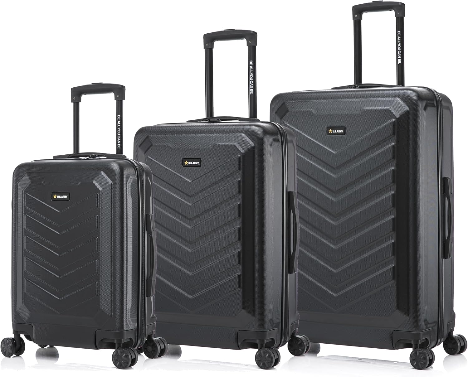 US ARMY FOX 3 Pcs Set Hardshell Luggage with Spinner Wheels | 20, 24, 28 inch Lightweight Travel Suitcase, Chevron Icon, Gel Handle, Retractable Trolley, Side Studs | Black