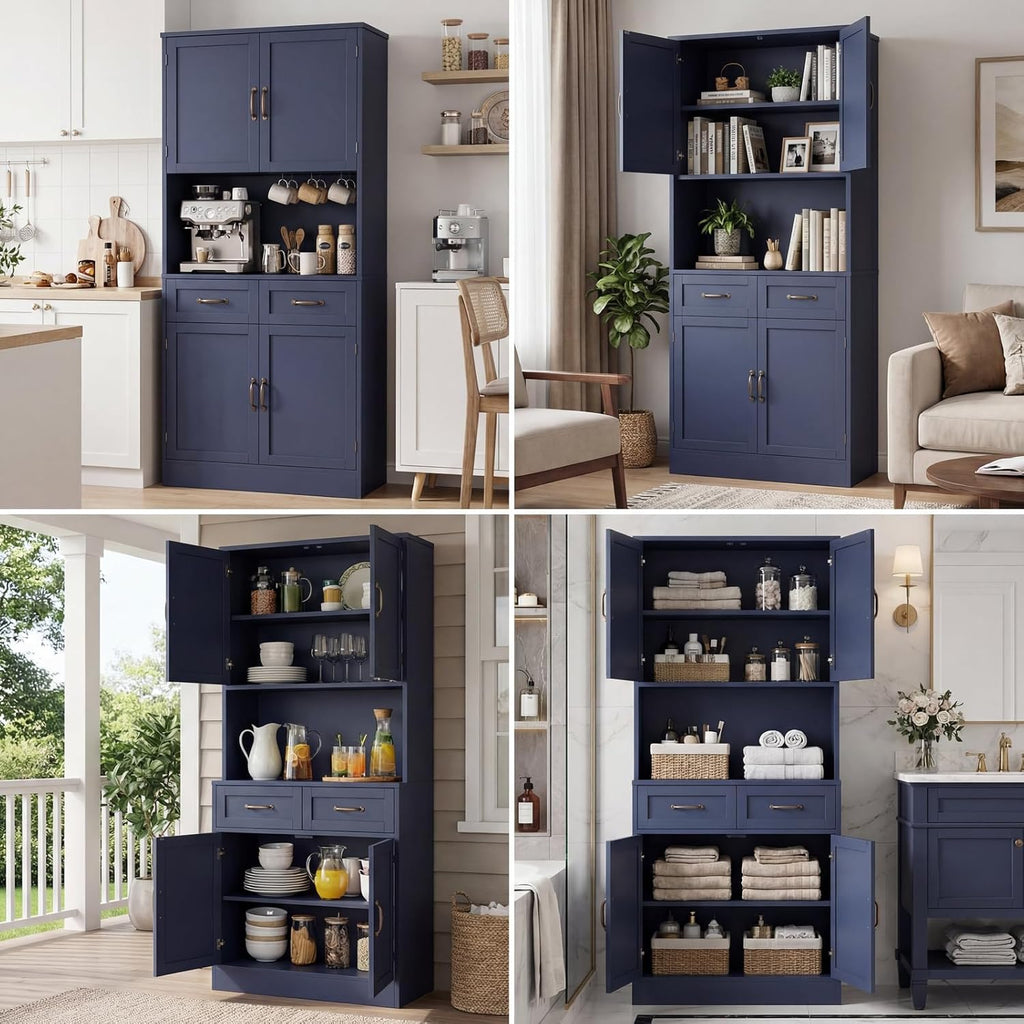 HOSTACK 71' Tall Kitchen Pantry Storage Cabinet, Modern Kitchen Hutch Bar Cabinet with Microwave Stand, Wood Buffet Sideboard with Hutch, Cupboard with Drawers, Shelves for Dining Room, Blue