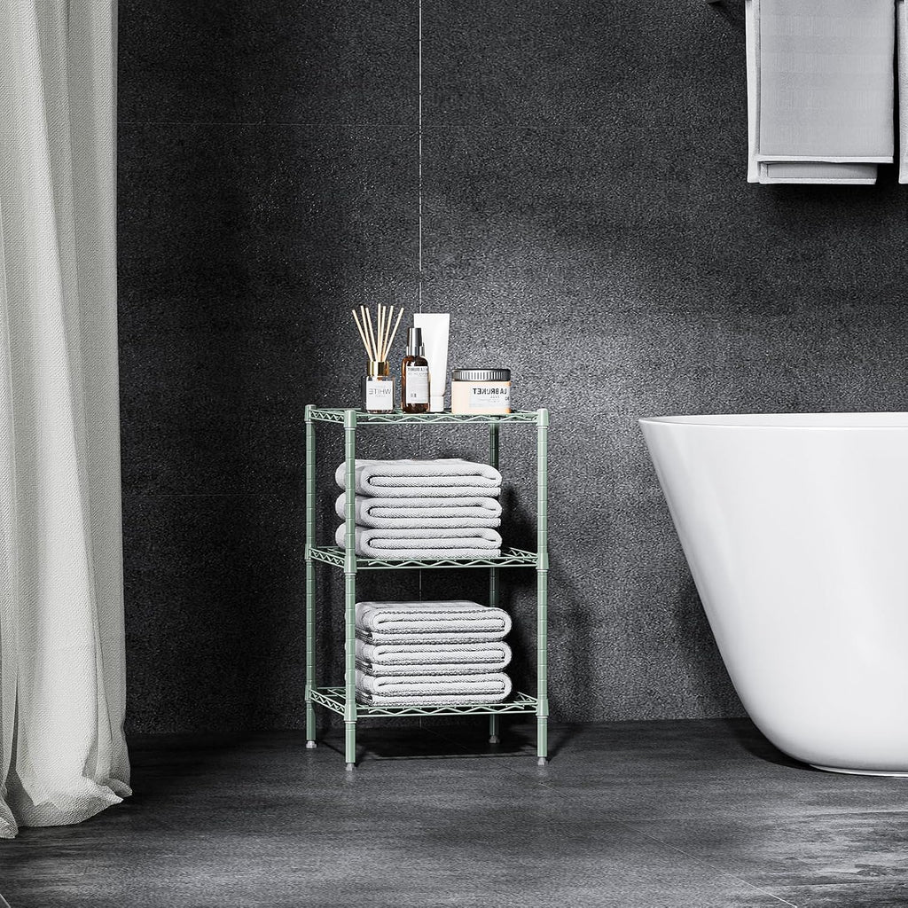M MZG 750 lbs 3-Shelf Storage Shelves Wire Shelving Unit Standing Metal Rack for Small Places Narrow Wire Rack for Bathroom, Green 13.8 D x 13.8' W x 25.5' H