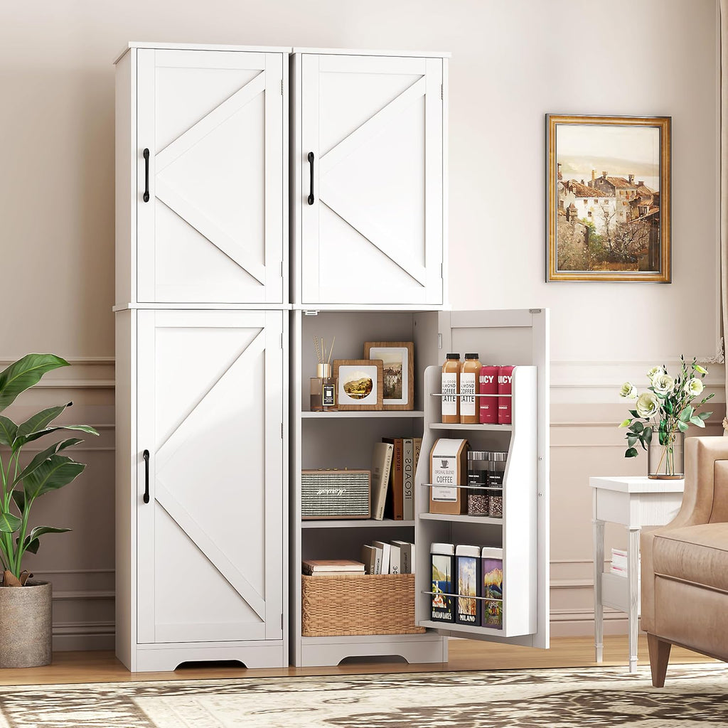 Yusong 64' Tall Farmhouse Bathroom Storage Cabinet, Freestanding Narrow Linen Cabinet, Wooden Pantry Cabinet with Adjustable Shelves, Slim Floor Storage Organizer for Kitchen Laundry Dining Room
