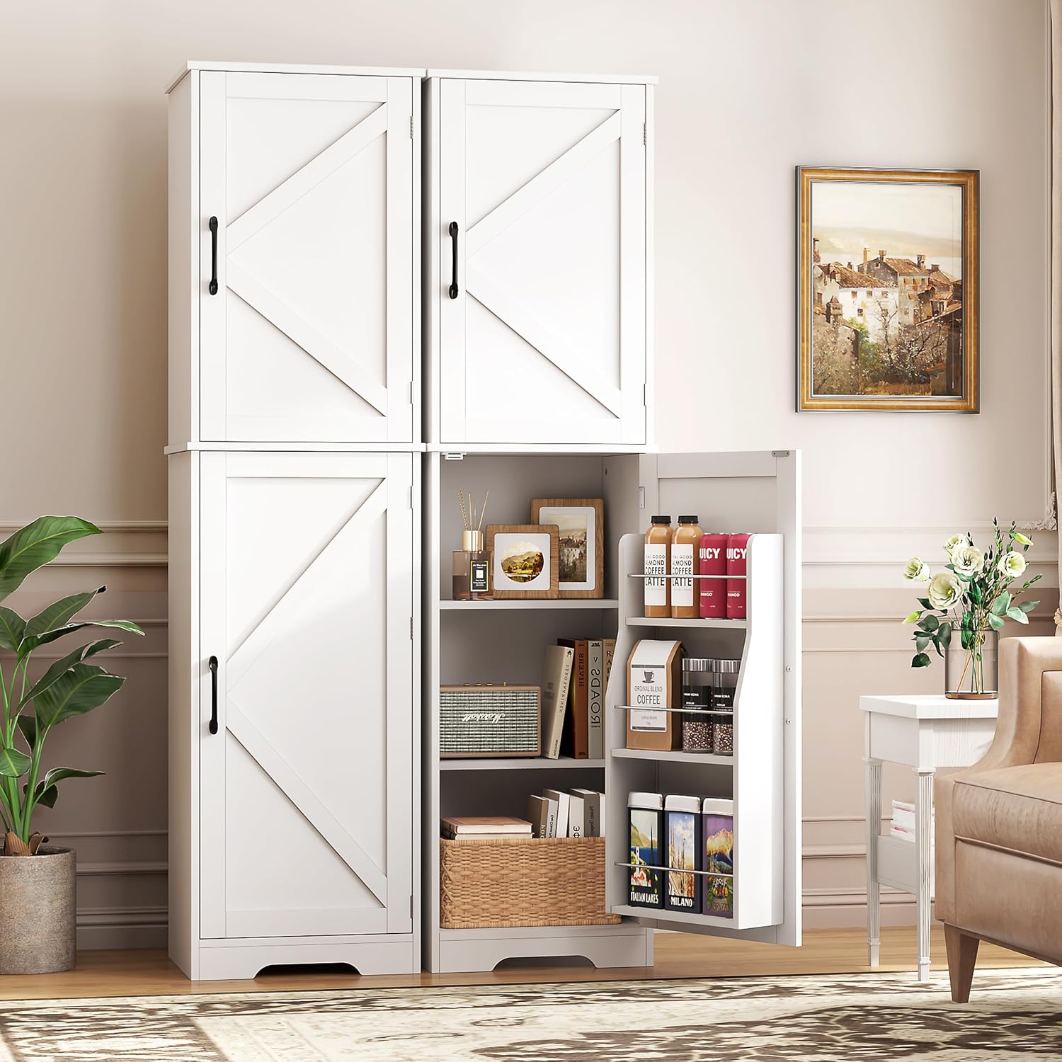 Yusong 64' Tall Farmhouse Bathroom Storage Cabinet, Freestanding Narrow Linen Cabinet, Wooden Pantry Cabinet with Adjustable Shelves, Slim Floor Storage Organizer for Kitchen Laundry Dining Room