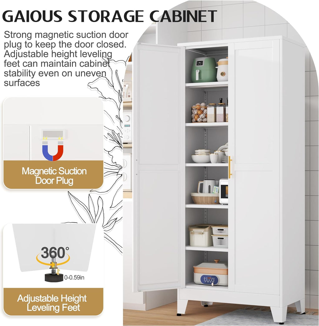 GAIOUS 75.2' Tall Metal Kitchen Pantry Storage Cabinets with 2 Door and 5 Adjustable Shelves, Cupboard for Kitchen, Dining Room, Living Room and Bathroom, White