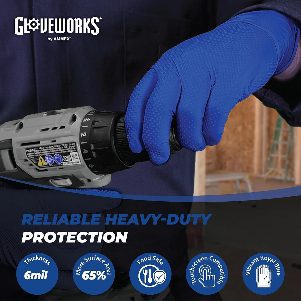 GLOVEWORKS HD Royal Blue Nitrile Industrial Disposable Gloves, 6 Mil, Latex & Powder-Free, Food-Safe, Raised Diamond Texture