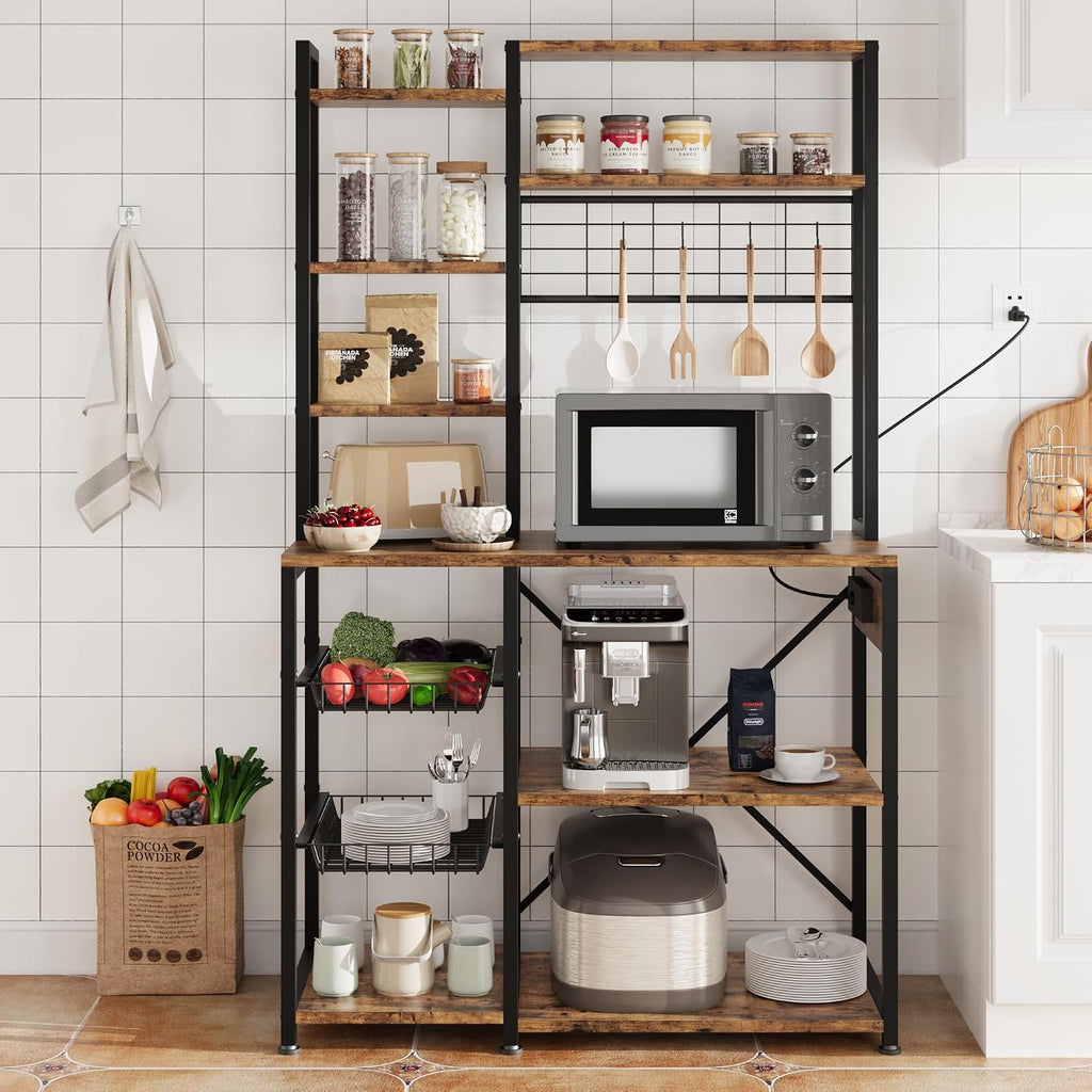 GAOMON 7-Tier Bakers Rack, Industrial Microwave Stand with 2 Metal Wire Baskets & Power Strip, Coffee Bar Organizer with Large Storage Shelves for Pots & Dishes, Kitchen Storage Rack, Brown