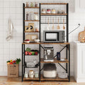 GAOMON 7-Tier Bakers Rack, Industrial Microwave Stand with 2 Metal Wire Baskets & Power Strip, Coffee Bar Organizer with Large Storage Shelves for Pots & Dishes, Kitchen Storage Rack, Brown