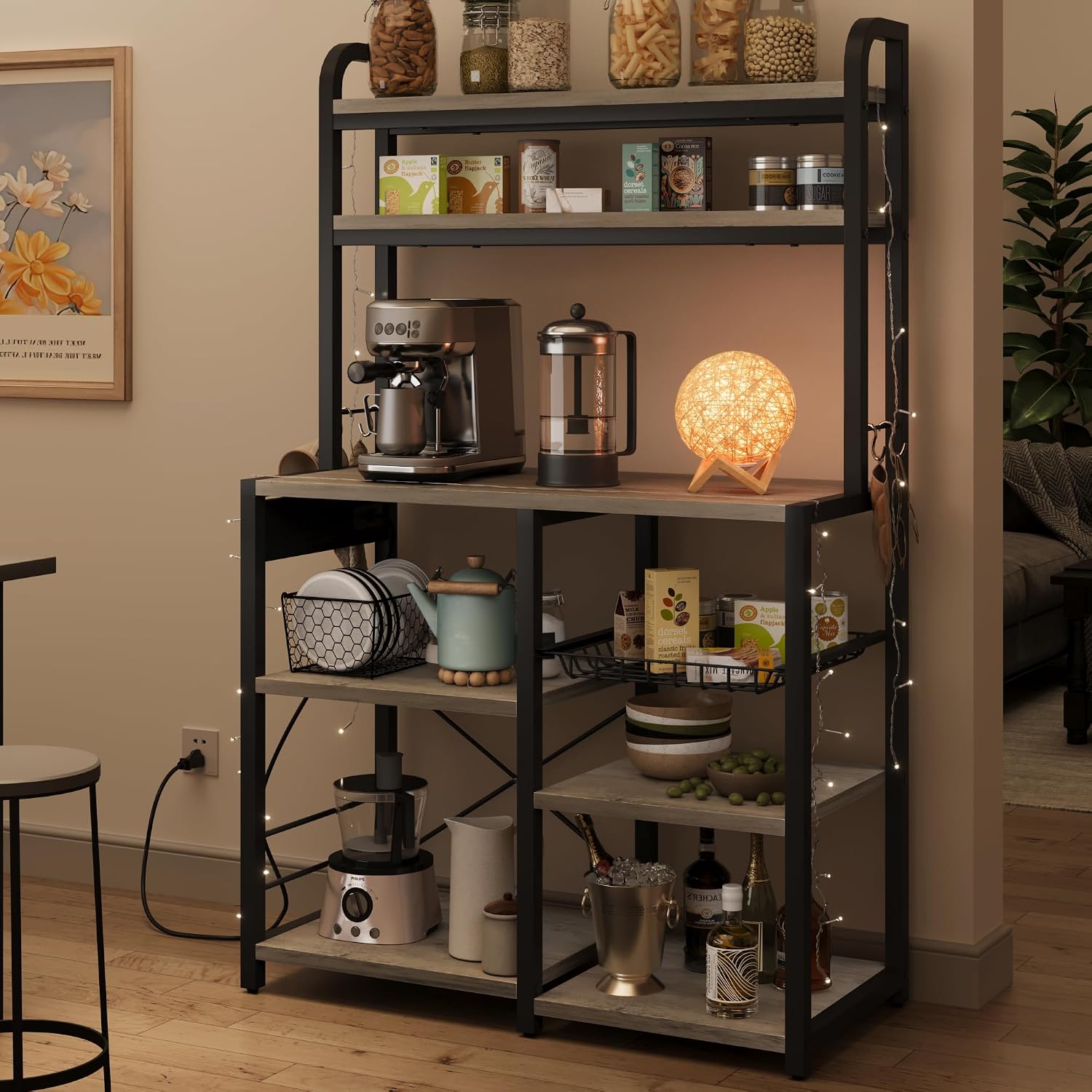 Bakers Rack with Power Outlet, 5-Tier Microwave Stand with Wire Basket, Coffee Bar Station, Kitchen Open Storage Shelves for Spices, Dishes, Gray