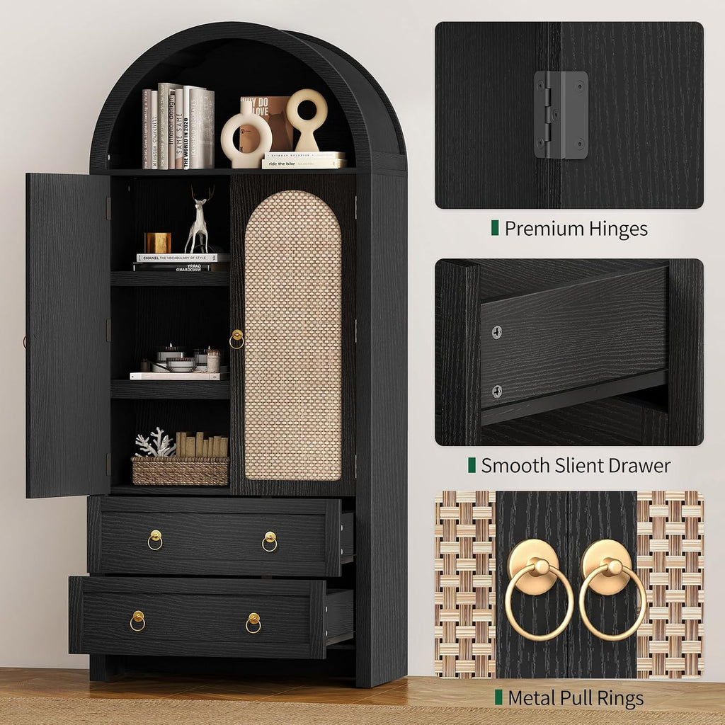 71' Arched Cabinet Kitchen Pantry Cabinet with Rattan Doors, Storage Cabinet with Drawers & Height Adjustable Shelves, Hutch Cabinets with Storage, Tall Arch Bookcase for Dining Room Kitchen, Black