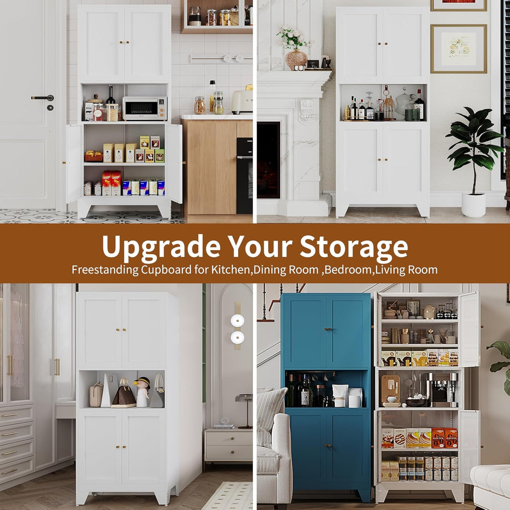 68.9'' White Metal Kitchen Pantry Cabinet with Doors and Adjustable Shelves, Hutch Cabinet with Microwave Storage, Kitchen Cabinet Storage for Living Room, Bathroom, Home