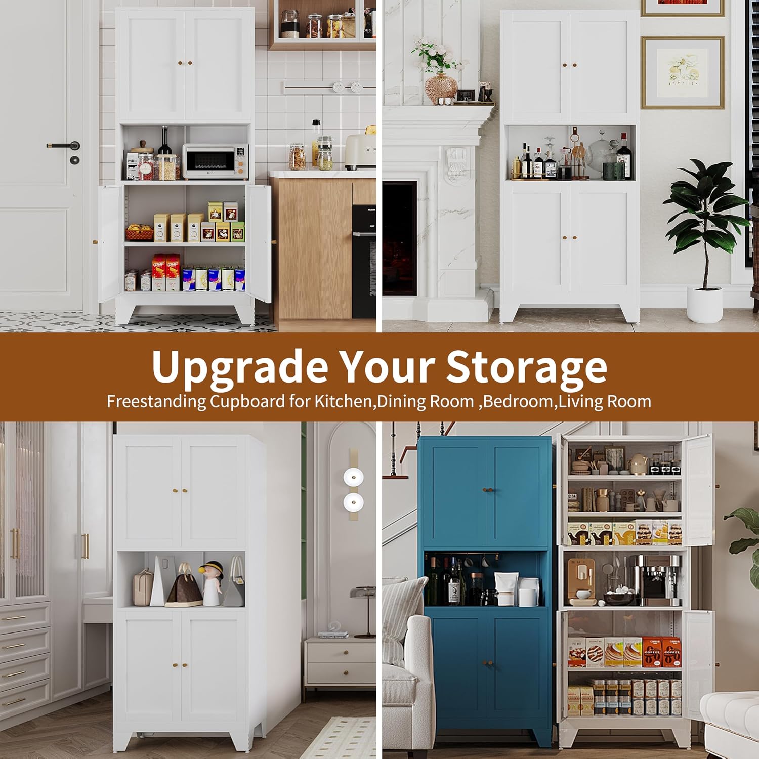 68.9'' White Metal Kitchen Pantry Cabinet with Doors and Adjustable Shelves, Hutch Cabinet with Microwave Storage, Kitchen Cabinet Storage for Living Room, Bathroom, Home