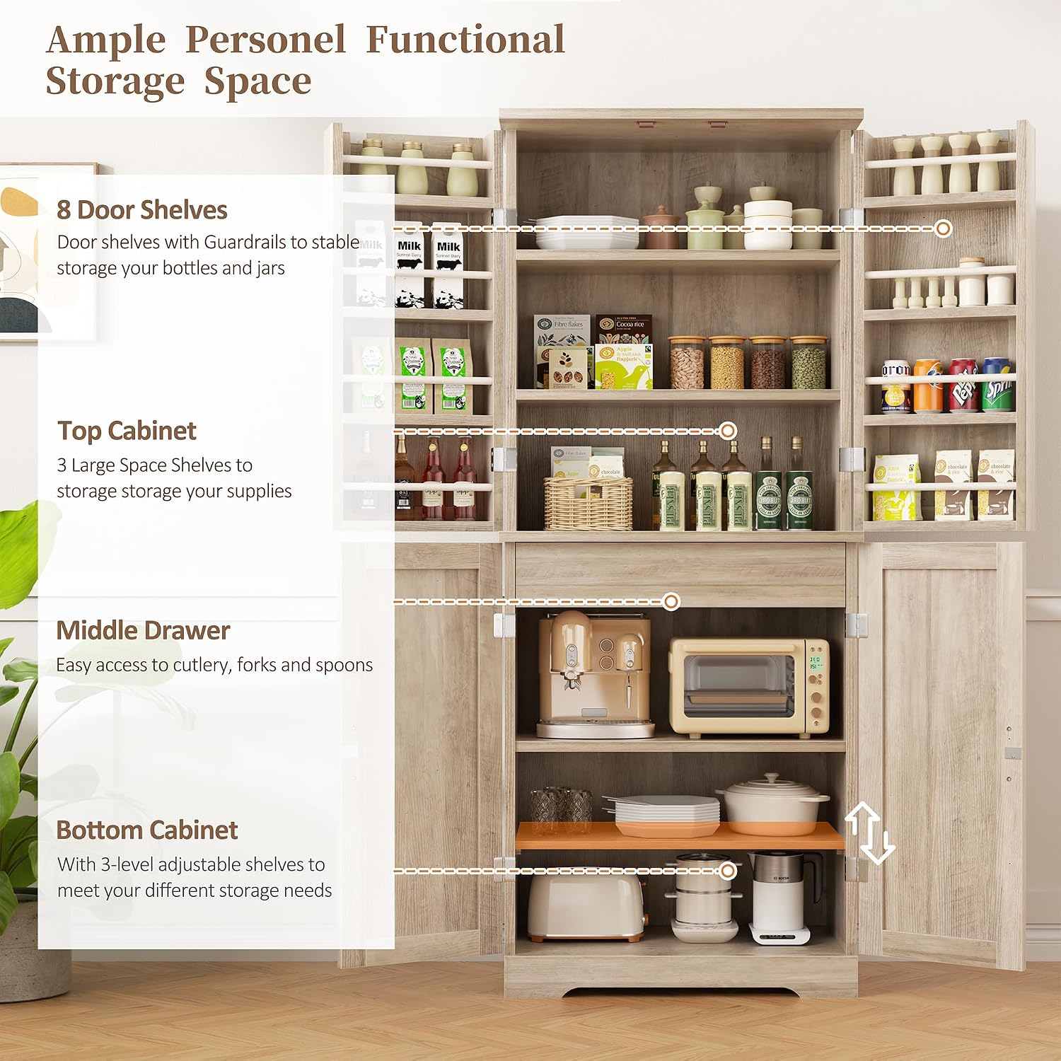 Shintenchi Kitchen Pantry Cabinet, Freestanding Farmhouse Storage Cabinet with 8 Door Shelves, 2 Cabinets and 1 Drawer, Tall Cupboard for Kitchen, Living Room, Dining Room and Bathroom, Ash Gray